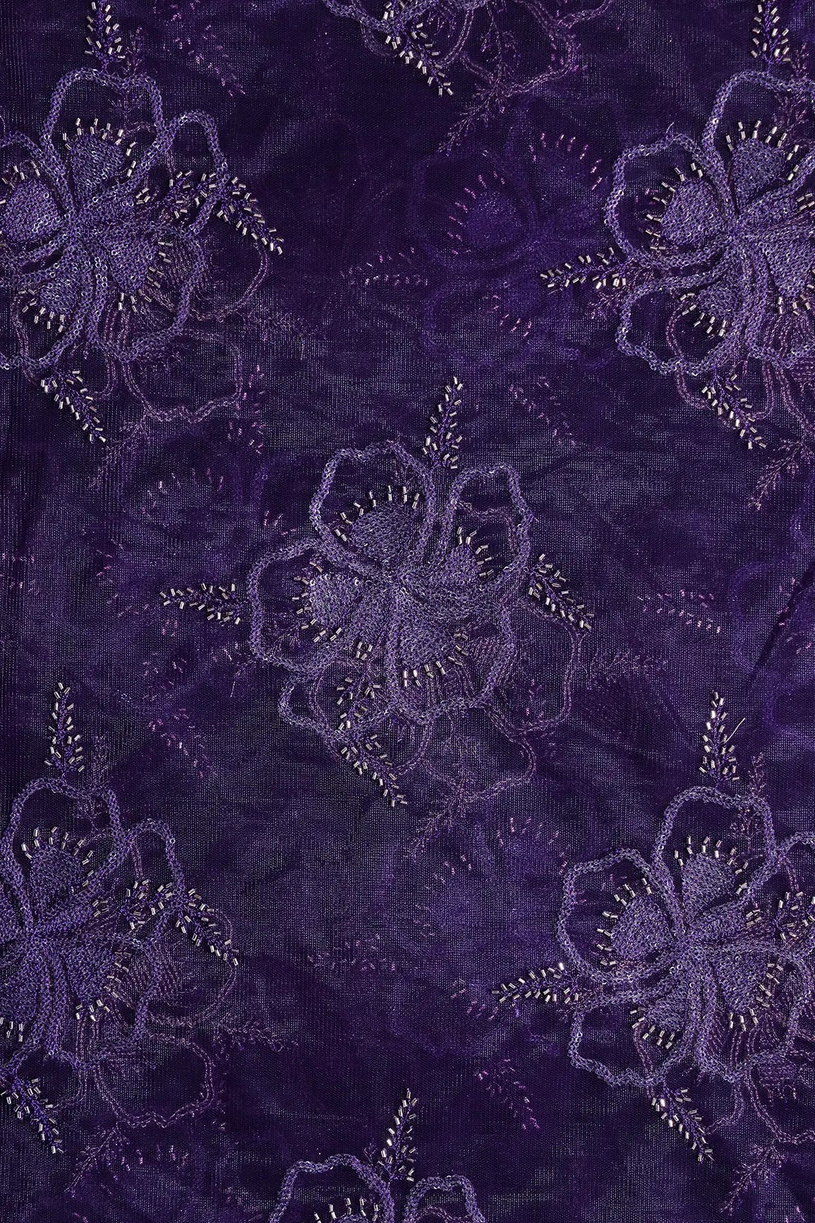 Purple Thread & Gold Beads With Water Sequins Floral Embroidery On Purple Soft Net Fabric