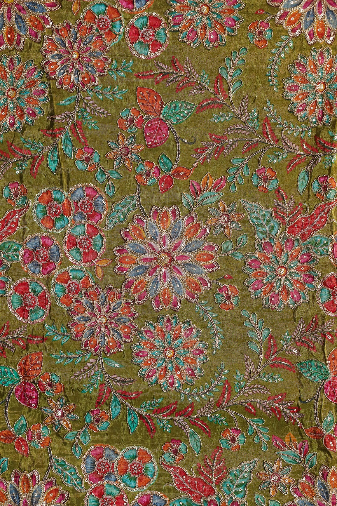 Floral Positional Print On Sequins With Zari Embroidery On Green Viscose Zari Tissue Fabric