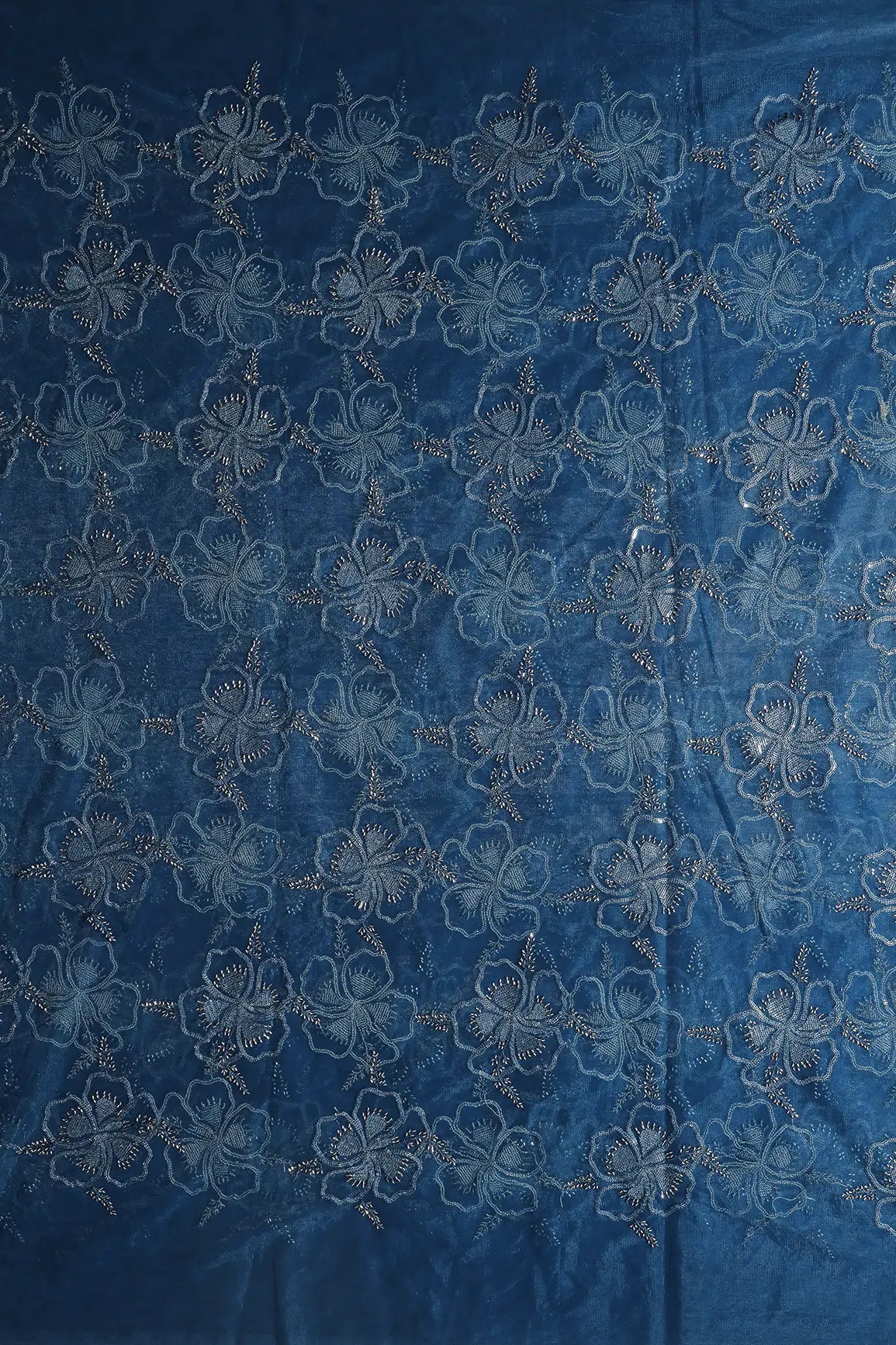Prussian Blue Thread & Gold Beads With Water Sequins Floral Embroidery On Prussian Blue Soft Net Fabric
