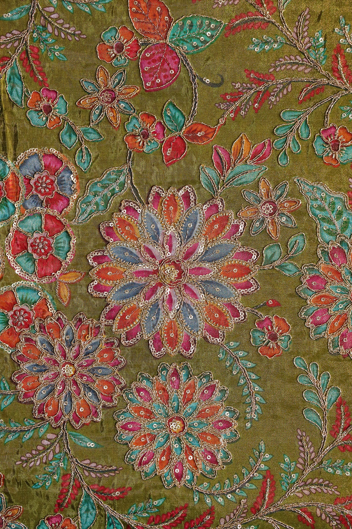 Floral Positional Print On Sequins With Zari Embroidery On Green Viscose Zari Tissue Fabric