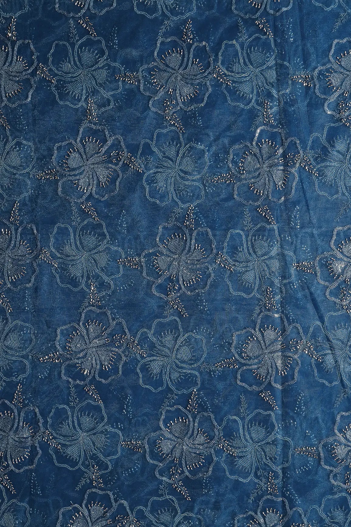 Prussian Blue Thread & Gold Beads With Water Sequins Floral Embroidery On Prussian Blue Soft Net Fabric