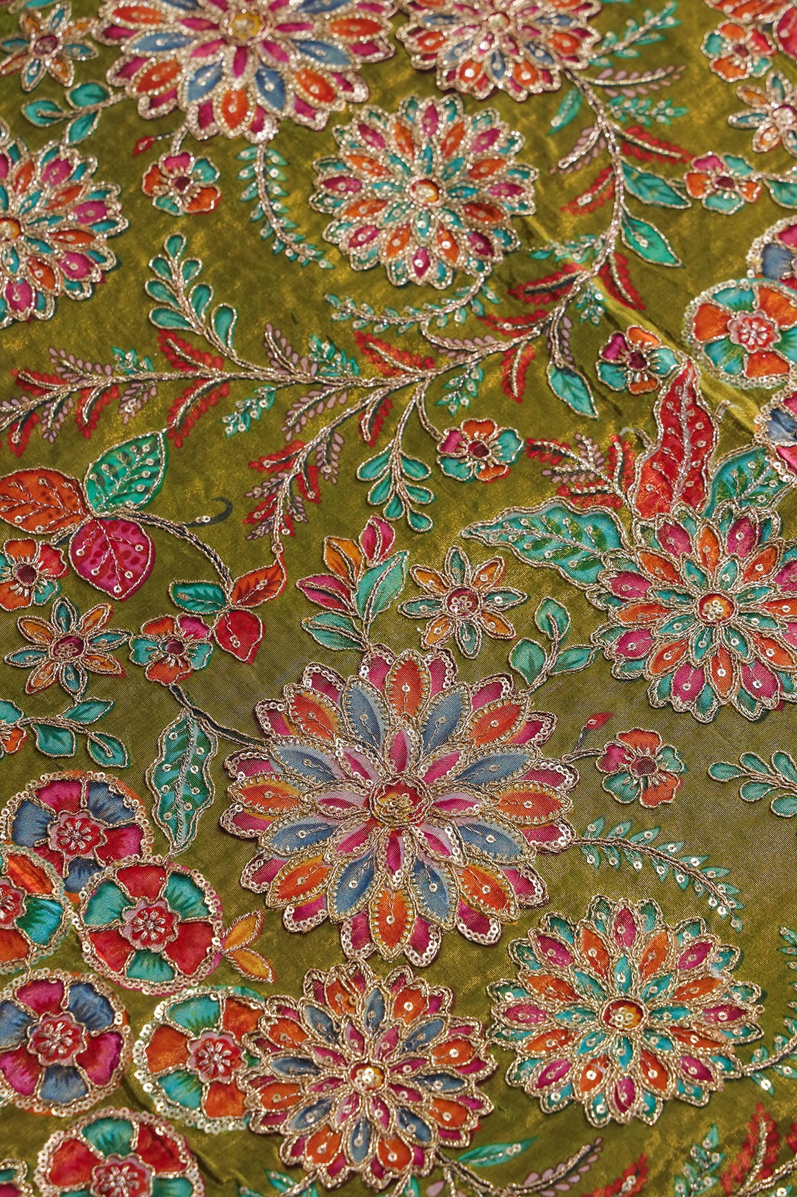 Floral Positional Print On Sequins With Zari Embroidery On Green Viscose Zari Tissue Fabric