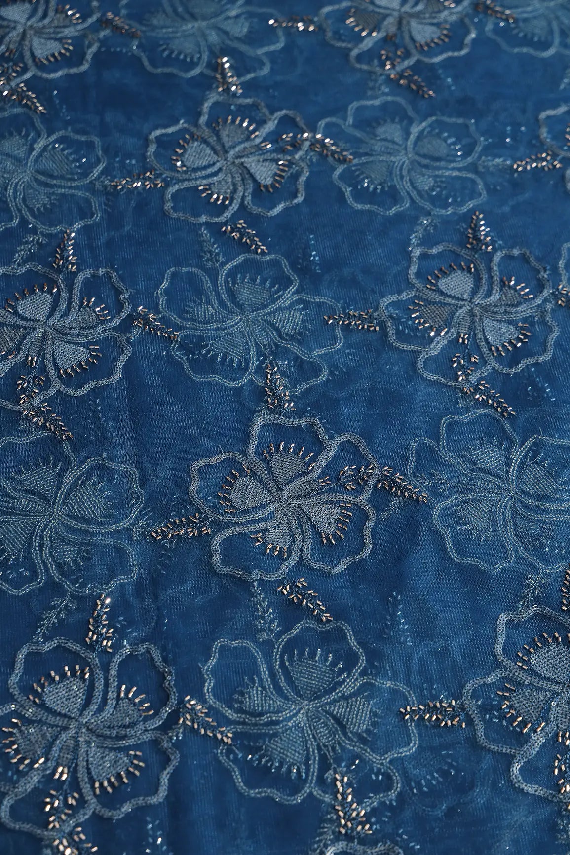 Prussian Blue Thread & Gold Beads With Water Sequins Floral Embroidery On Prussian Blue Soft Net Fabric