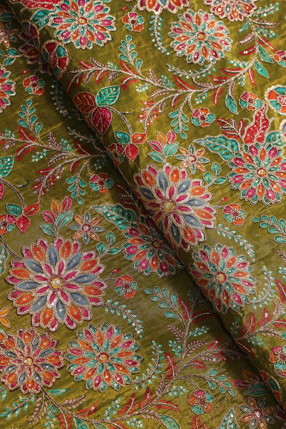 Floral Positional Print On Sequins With Zari Embroidery On Green Viscose Zari Tissue Fabric