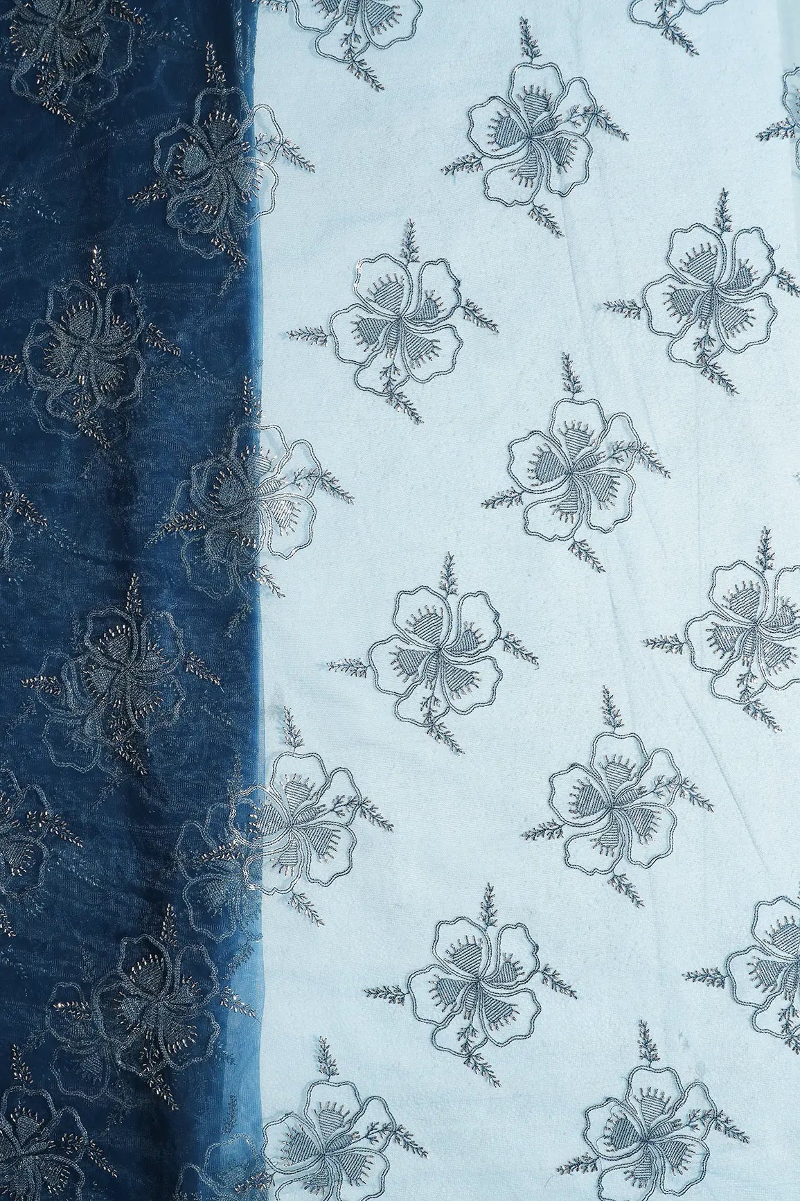 Prussian Blue Thread & Gold Beads With Water Sequins Floral Embroidery On Prussian Blue Soft Net Fabric