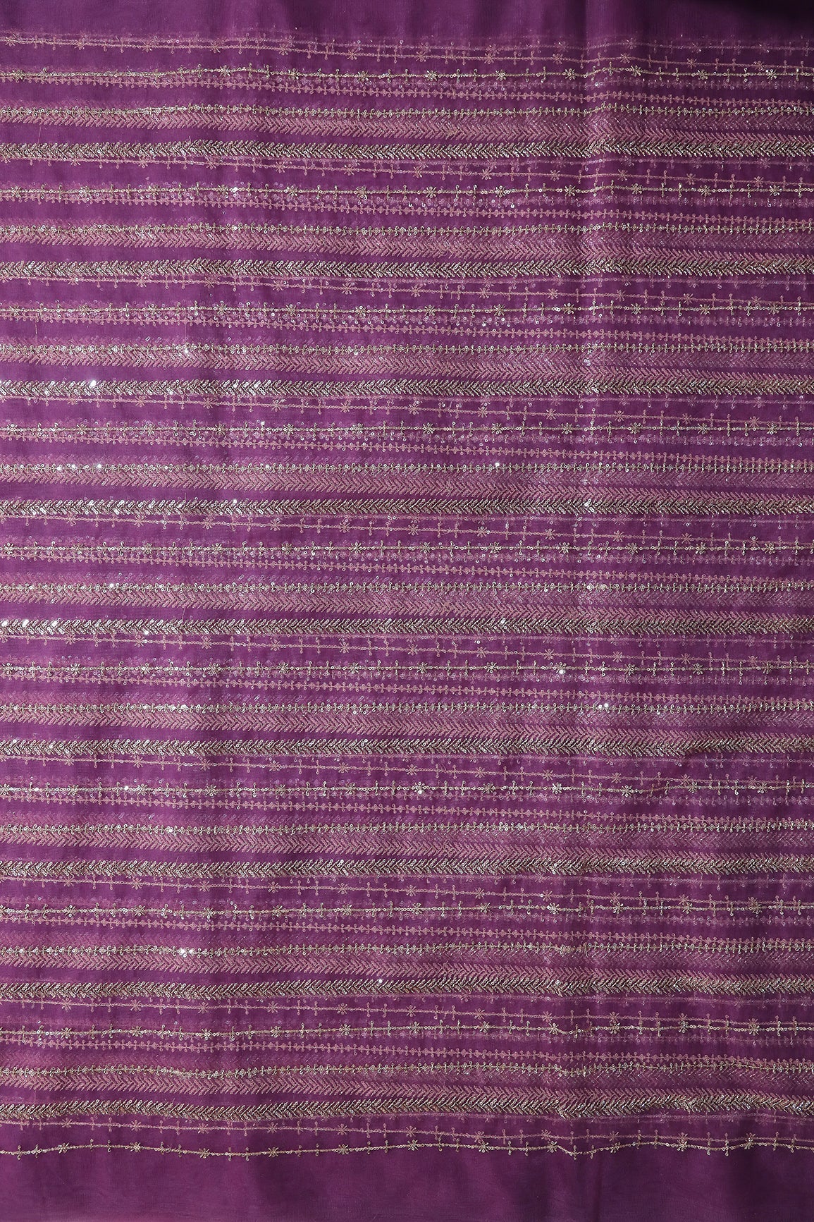Gold Beads With Gold Sequins Beautiful Stripes Embroidery Work On Lavender Soft Net Fabric
