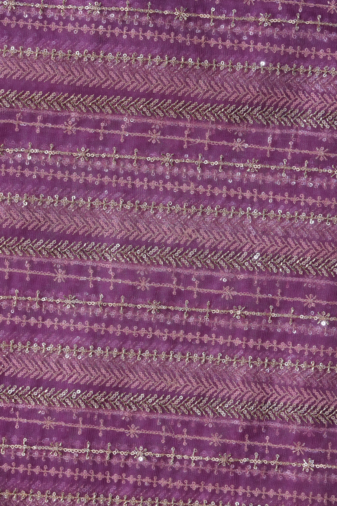 Gold Beads With Gold Sequins Beautiful Stripes Embroidery Work On Lavender Soft Net Fabric