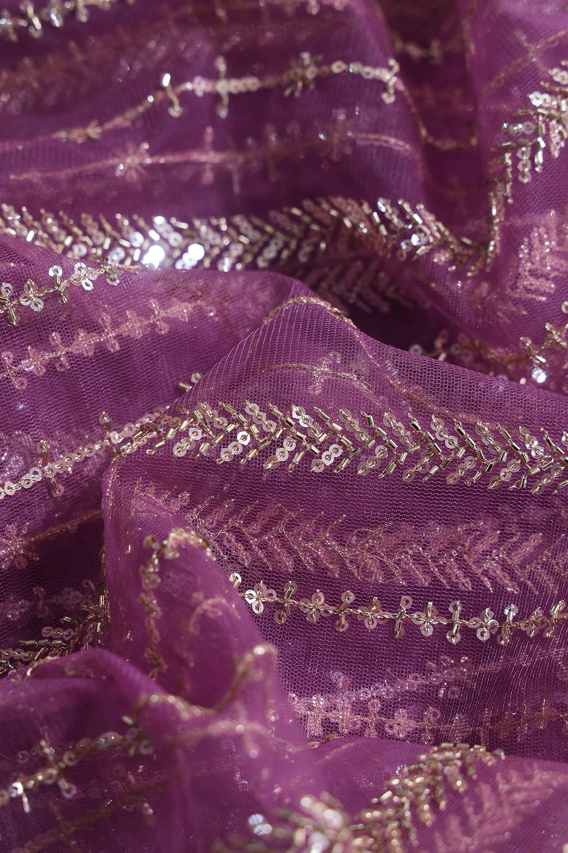 Gold Beads With Gold Sequins Beautiful Stripes Embroidery Work On Lavender Soft Net Fabric
