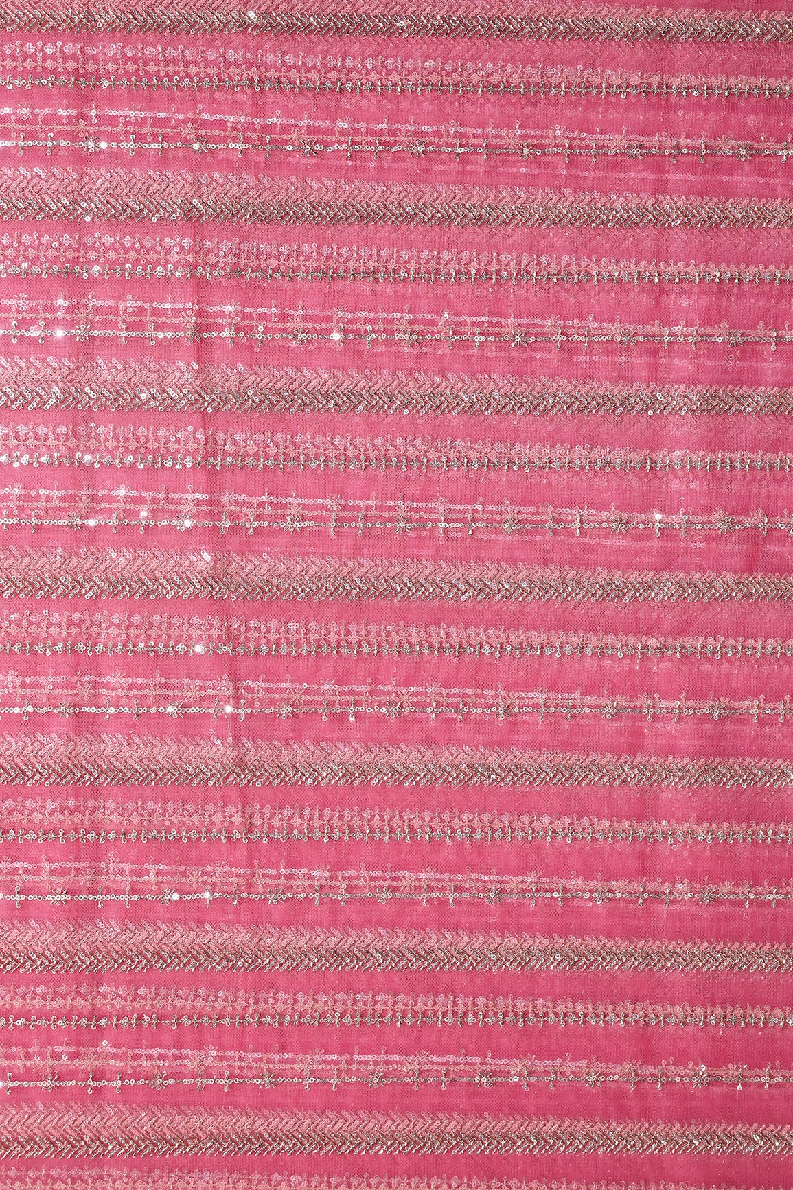 Gold Beads With Gold Sequins Beautiful Stripes Embroidery Work On Pink Soft Net Fabric