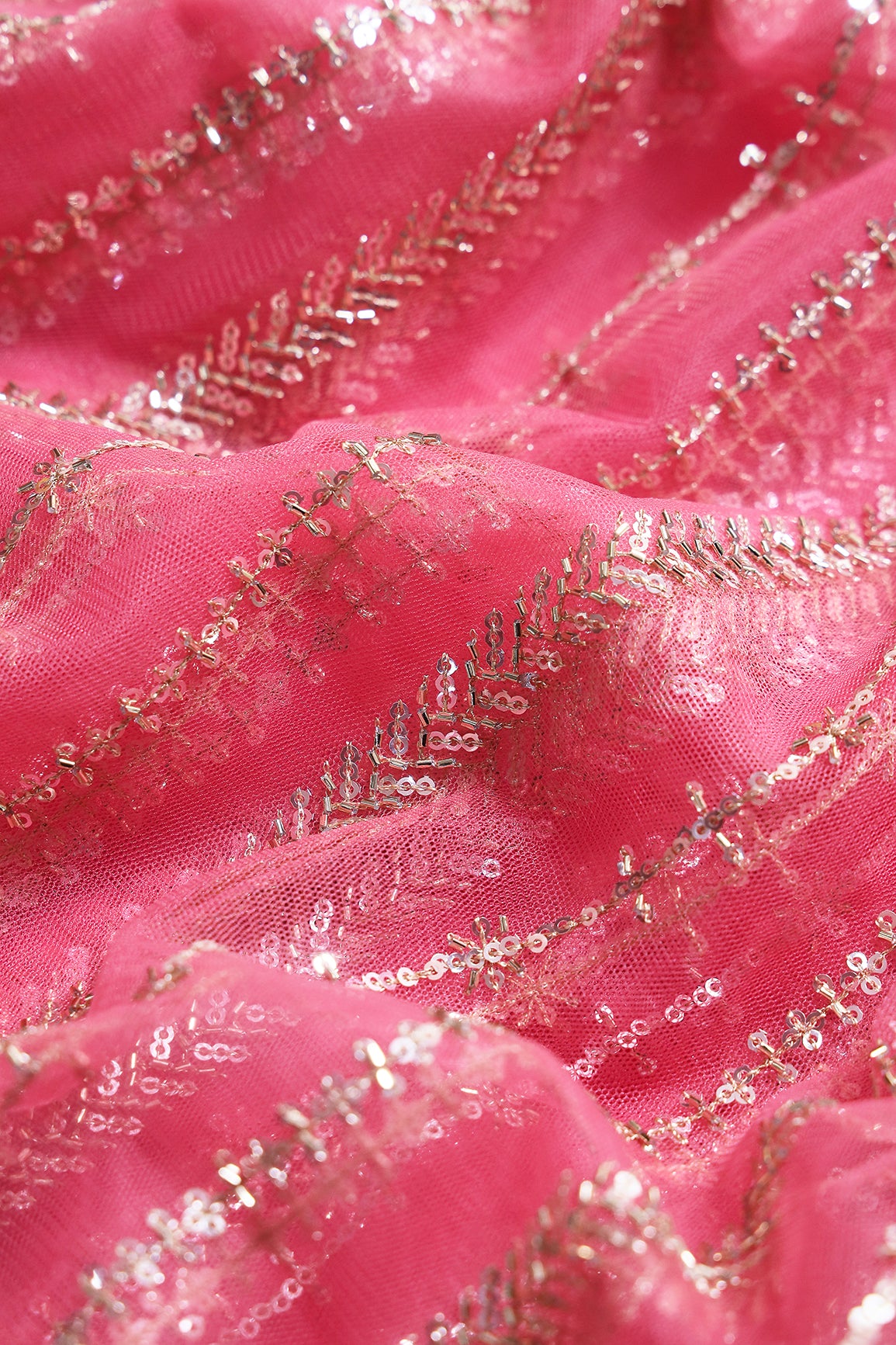 Gold Beads With Gold Sequins Beautiful Stripes Embroidery Work On Pink Soft Net Fabric
