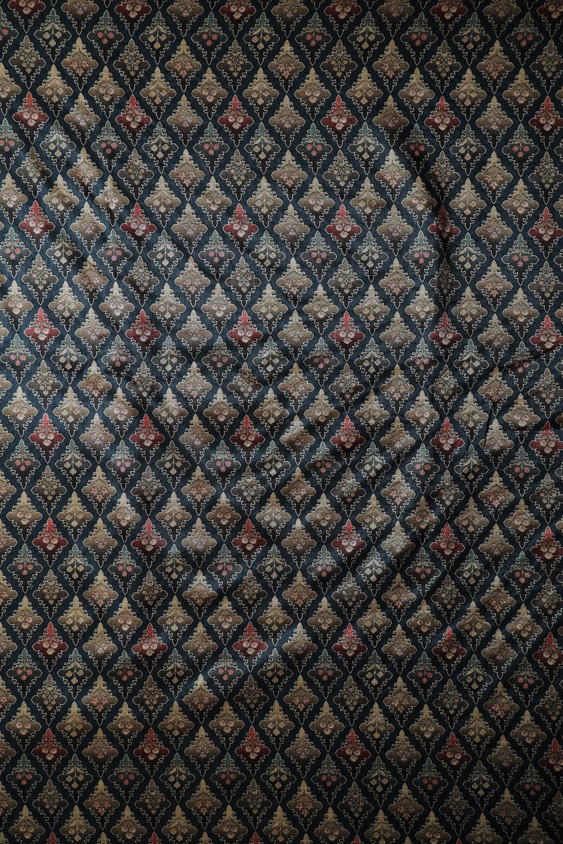 Multi Color Traditional Pattern Digital Print On Blue Mulberry Silk Fabric