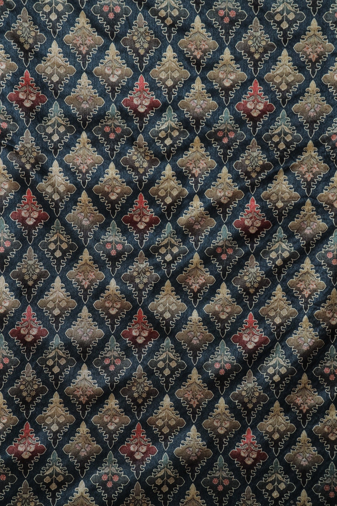 Multi Color Traditional Pattern Digital Print On Blue Mulberry Silk Fabric