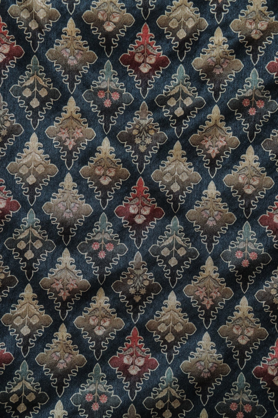 Multi Color Traditional Pattern Digital Print On Blue Mulberry Silk Fabric