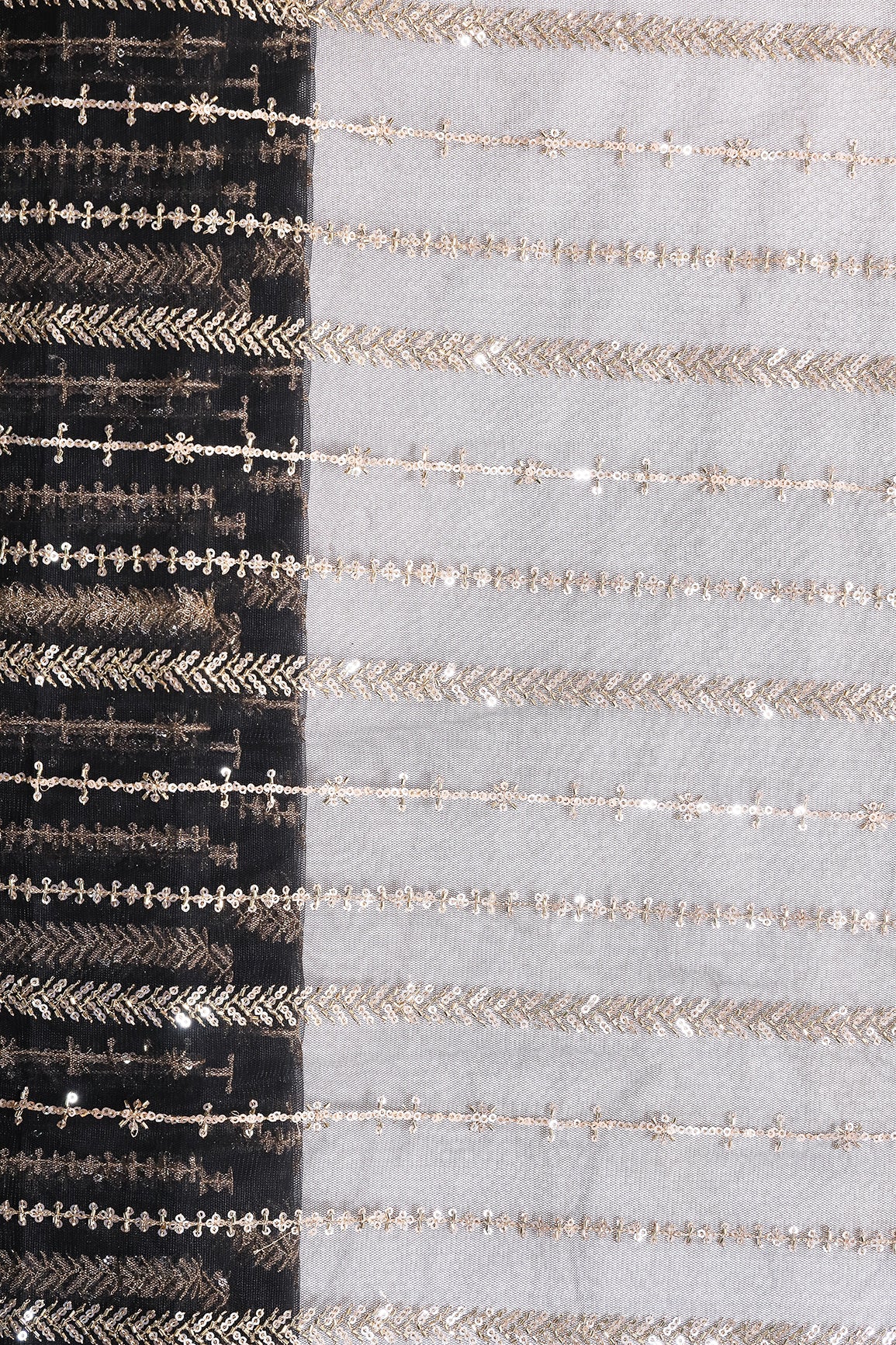 Gold Beads With Gold Sequins Beautiful Stripes Embroidery Work On Black Soft Net Fabric