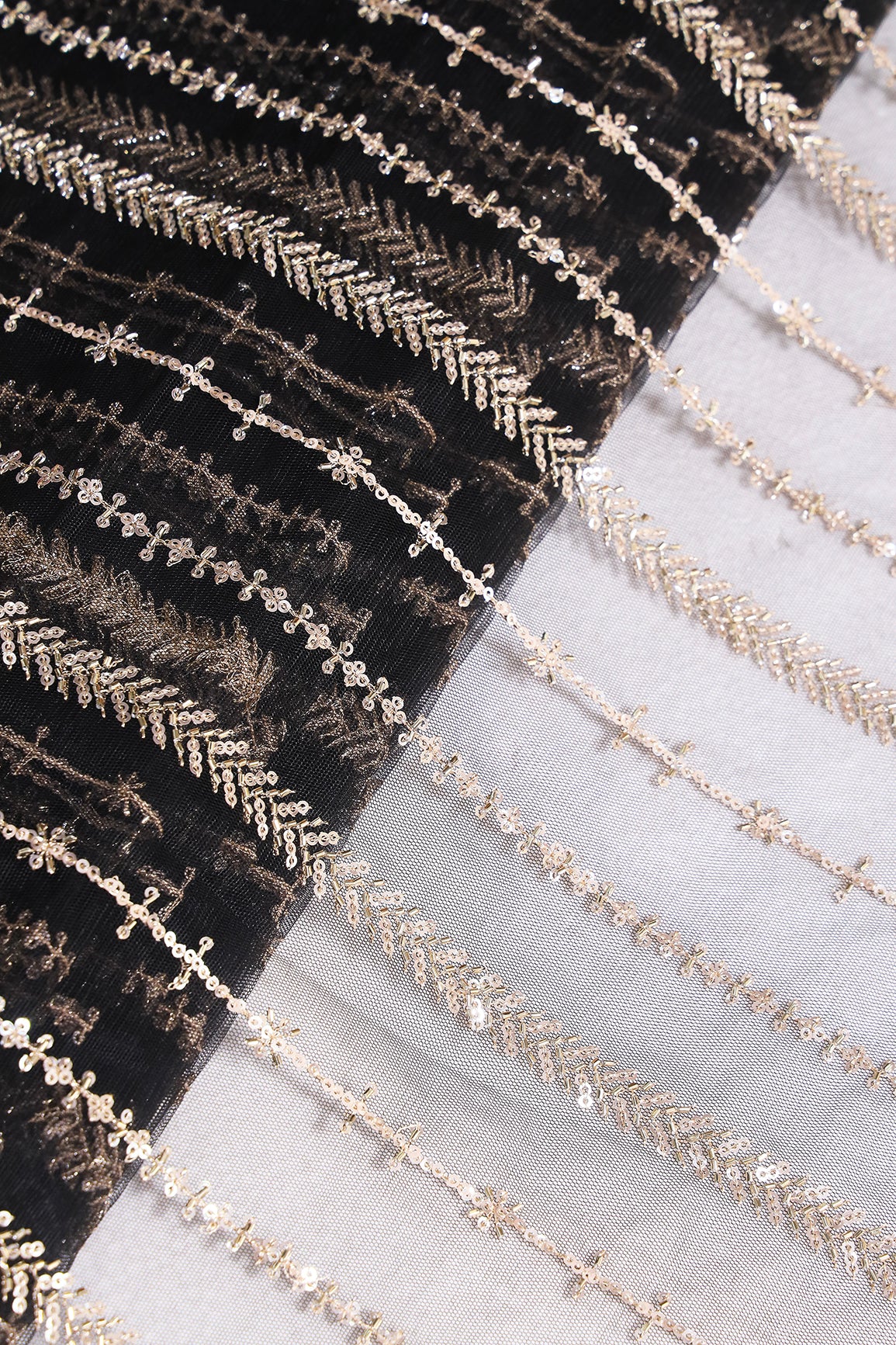 Gold Beads With Gold Sequins Beautiful Stripes Embroidery Work On Black Soft Net Fabric