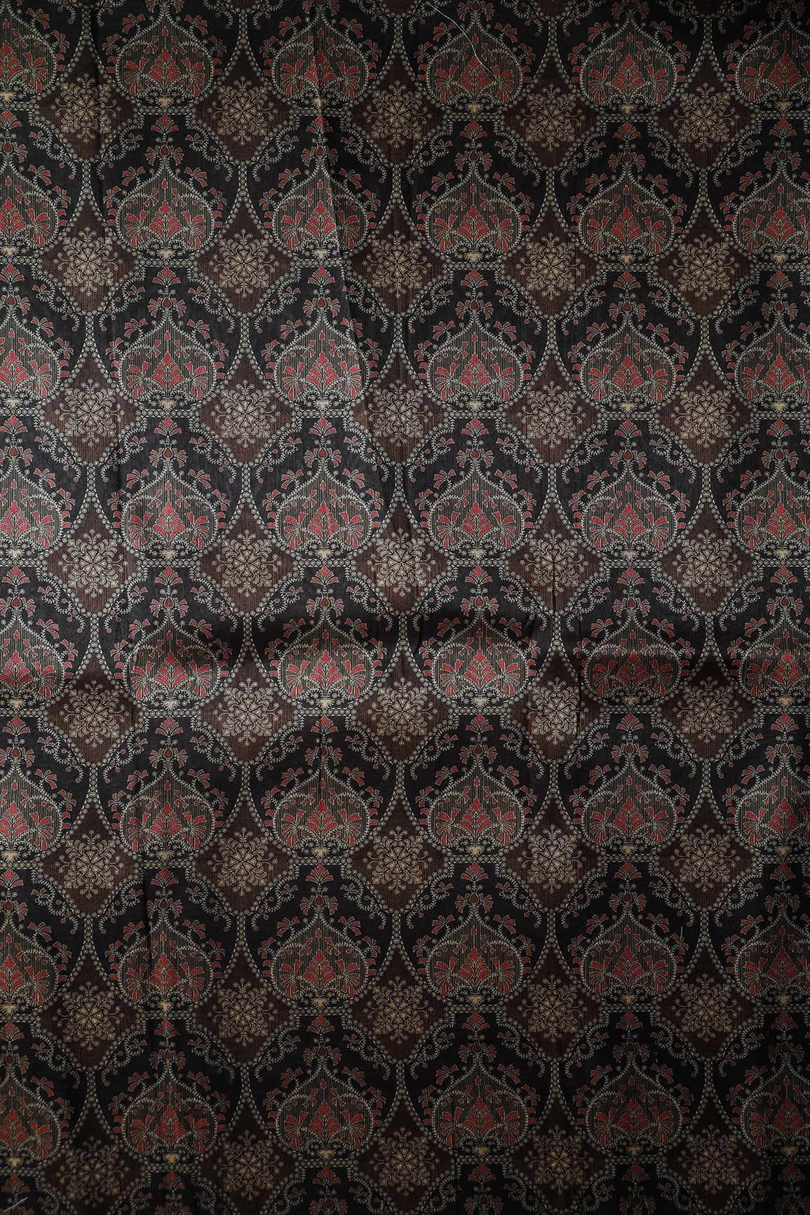 Black And Brown Traditional Pattern Digital Print On Mulberry Silk Fabric