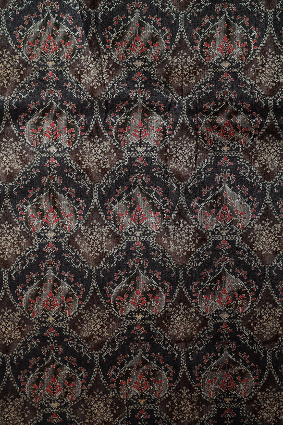 Black And Brown Traditional Pattern Digital Print On Mulberry Silk Fabric