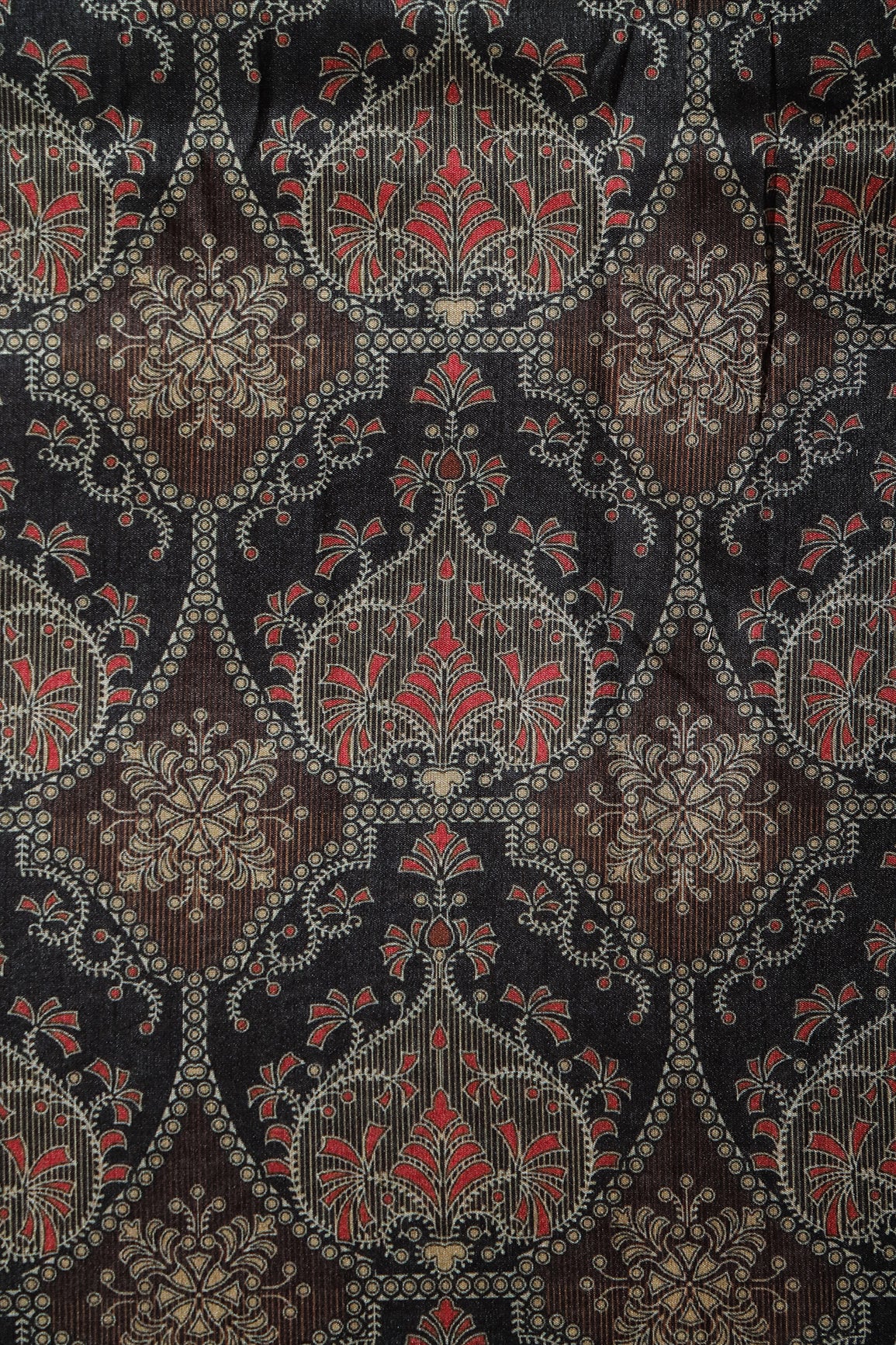 Black And Brown Traditional Pattern Digital Print On Mulberry Silk Fabric