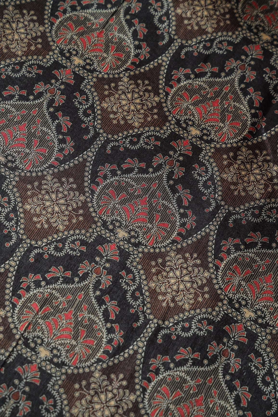Black And Brown Traditional Pattern Digital Print On Mulberry Silk Fabric
