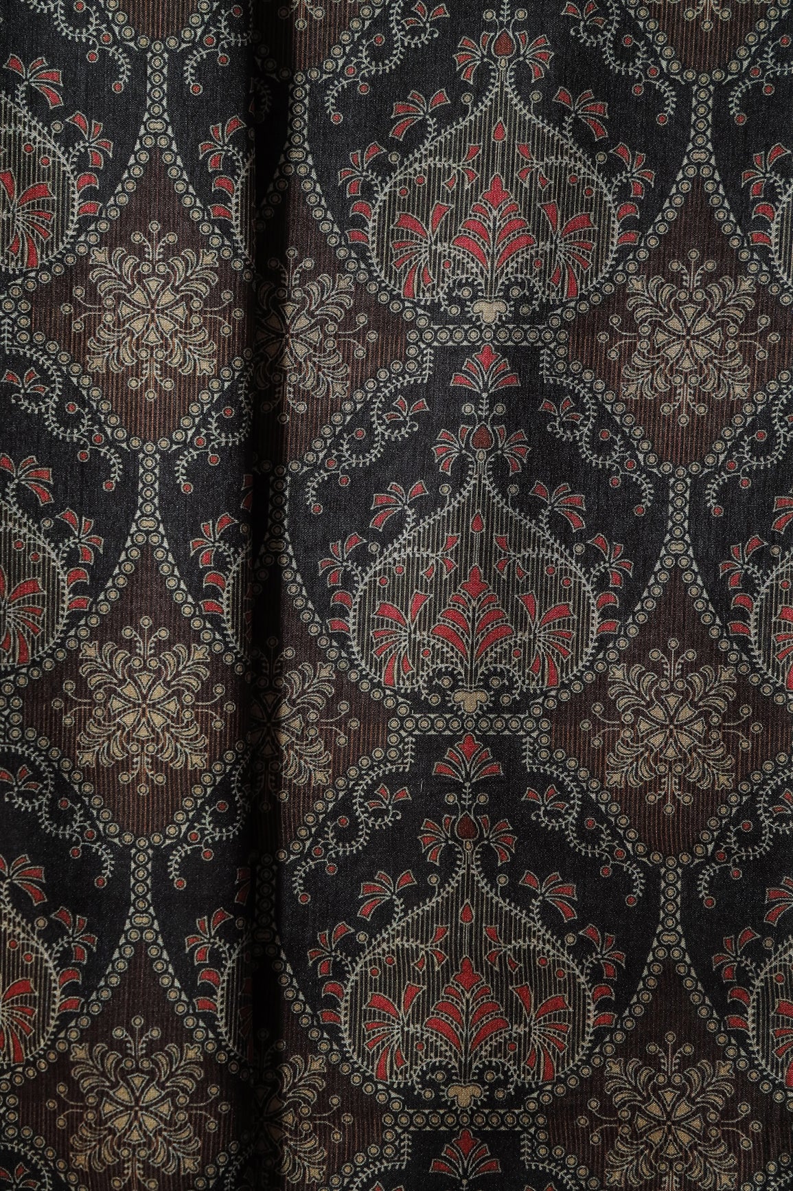 Black And Brown Traditional Pattern Digital Print On Mulberry Silk Fabric