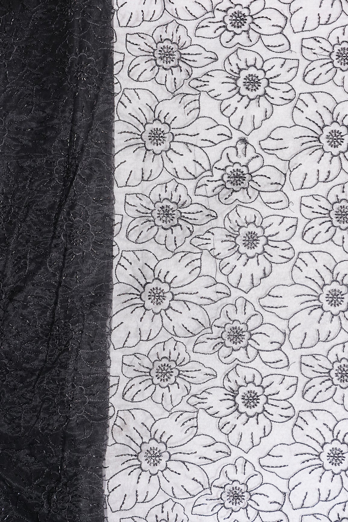 Black Thread With Beads Floral Embroidery Work On Black Soft Net Fabric