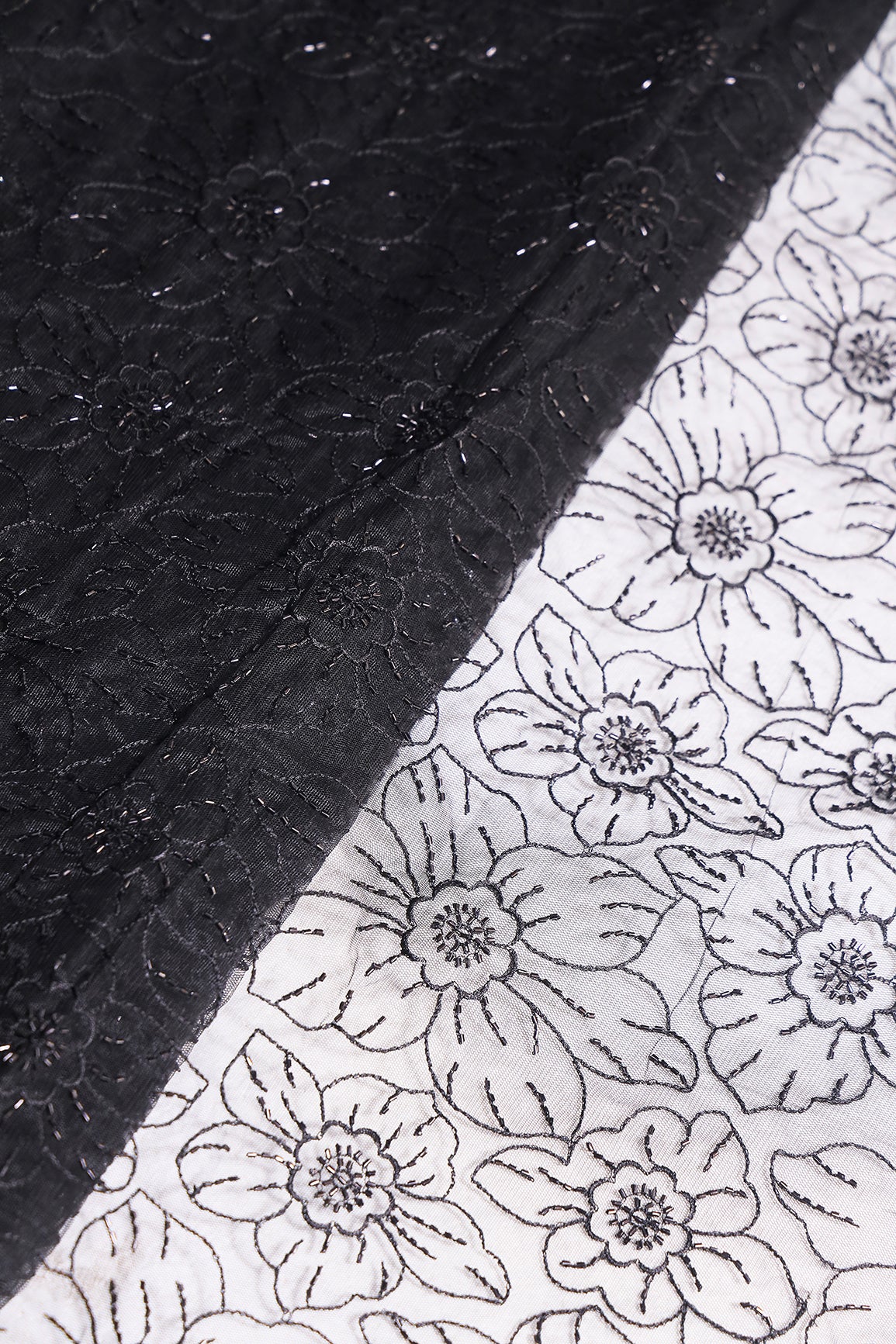 Black Thread With Beads Floral Embroidery Work On Black Soft Net Fabric
