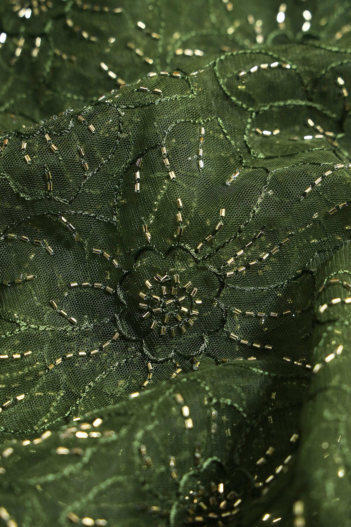 Mehndi Green Thread With Beads Floral Embroidery Work On Mehndi Green Soft Net Fabric