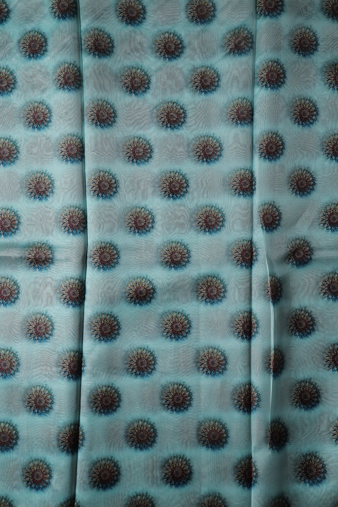 Black And Brown Traditional Pattern Digital Print On Sky Blue Organza Fabric