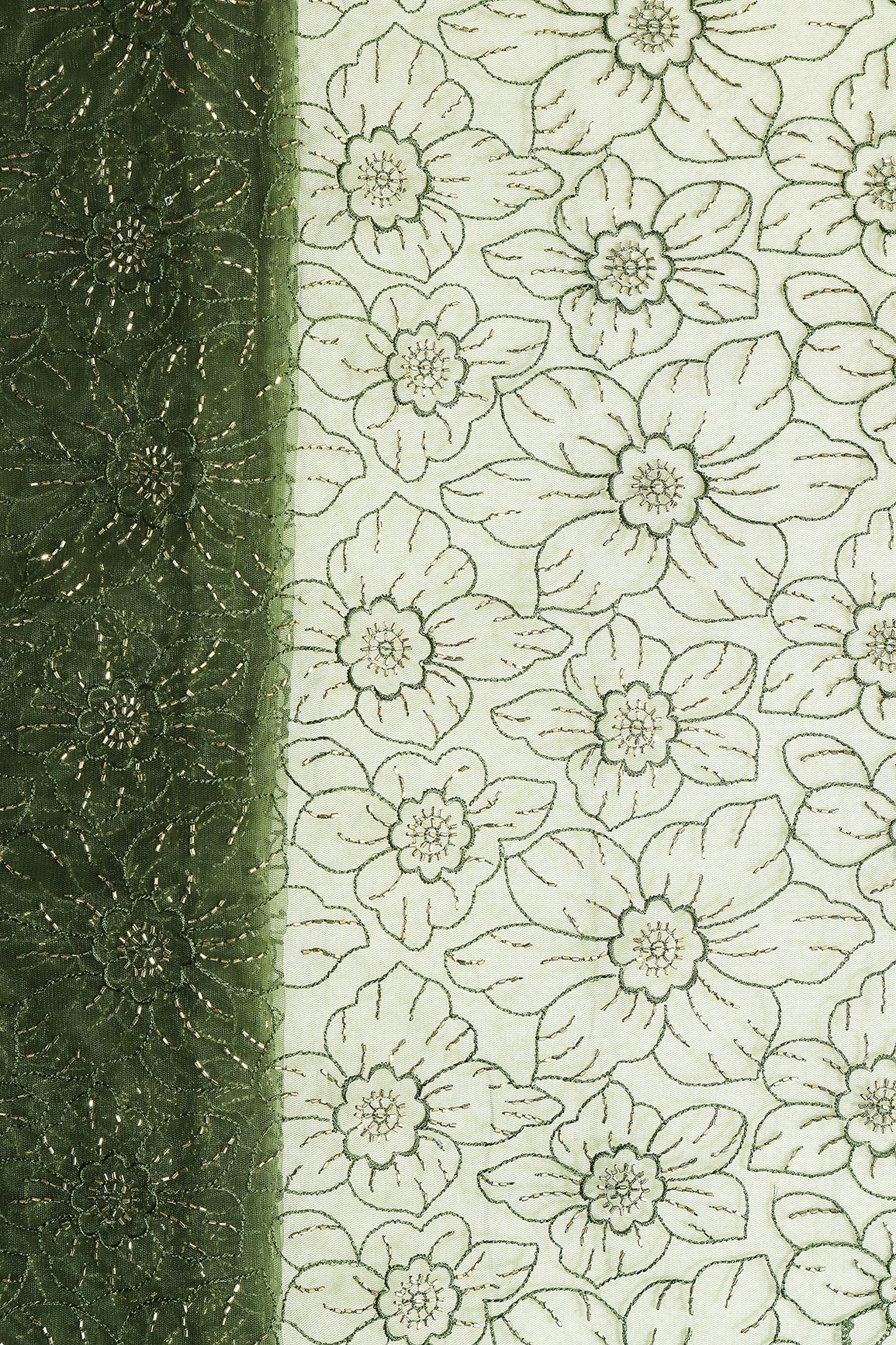 Mehndi Green Thread With Beads Floral Embroidery Work On Mehndi Green Soft Net Fabric