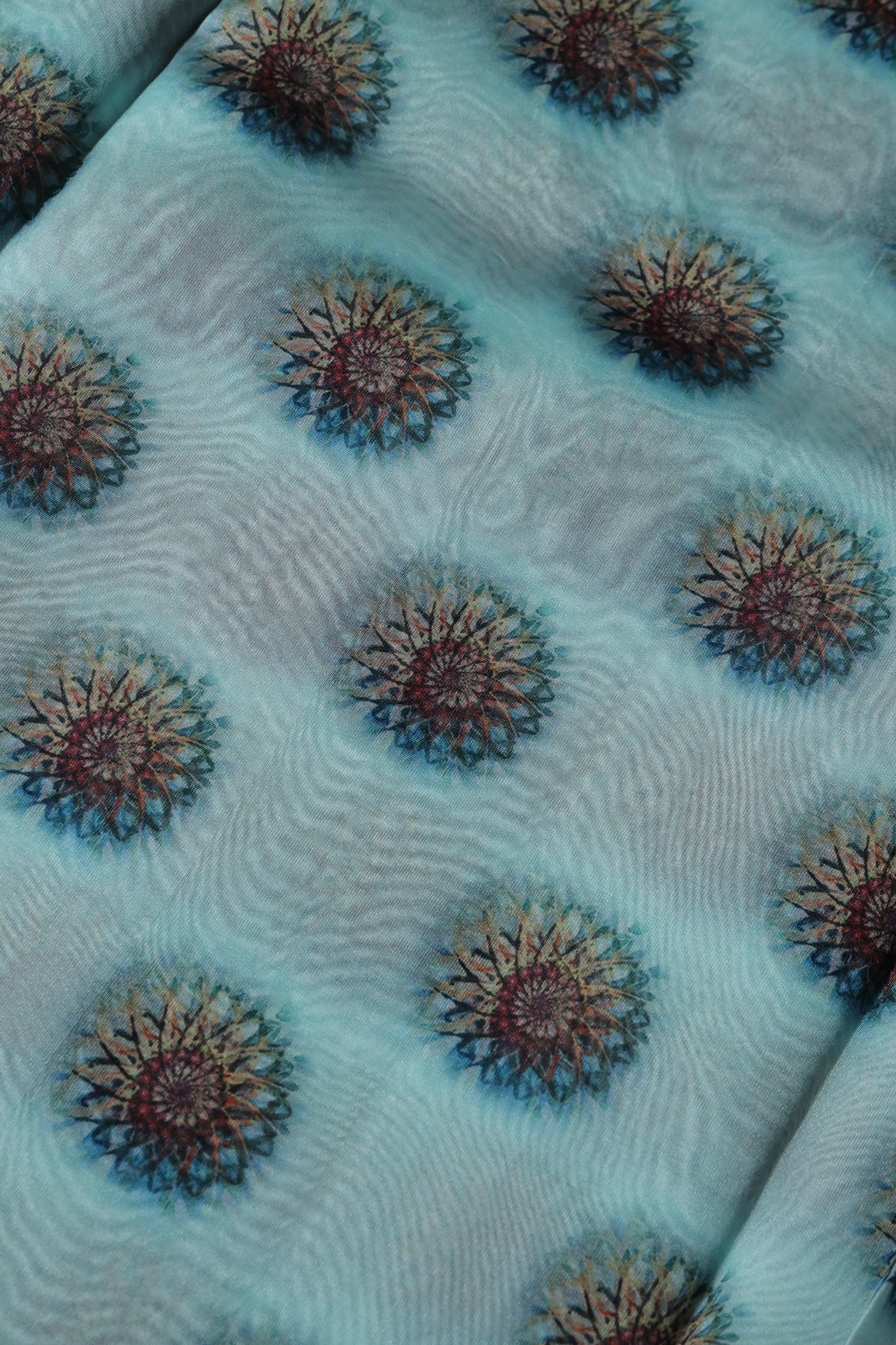 Black And Brown Traditional Pattern Digital Print On Sky Blue Organza Fabric