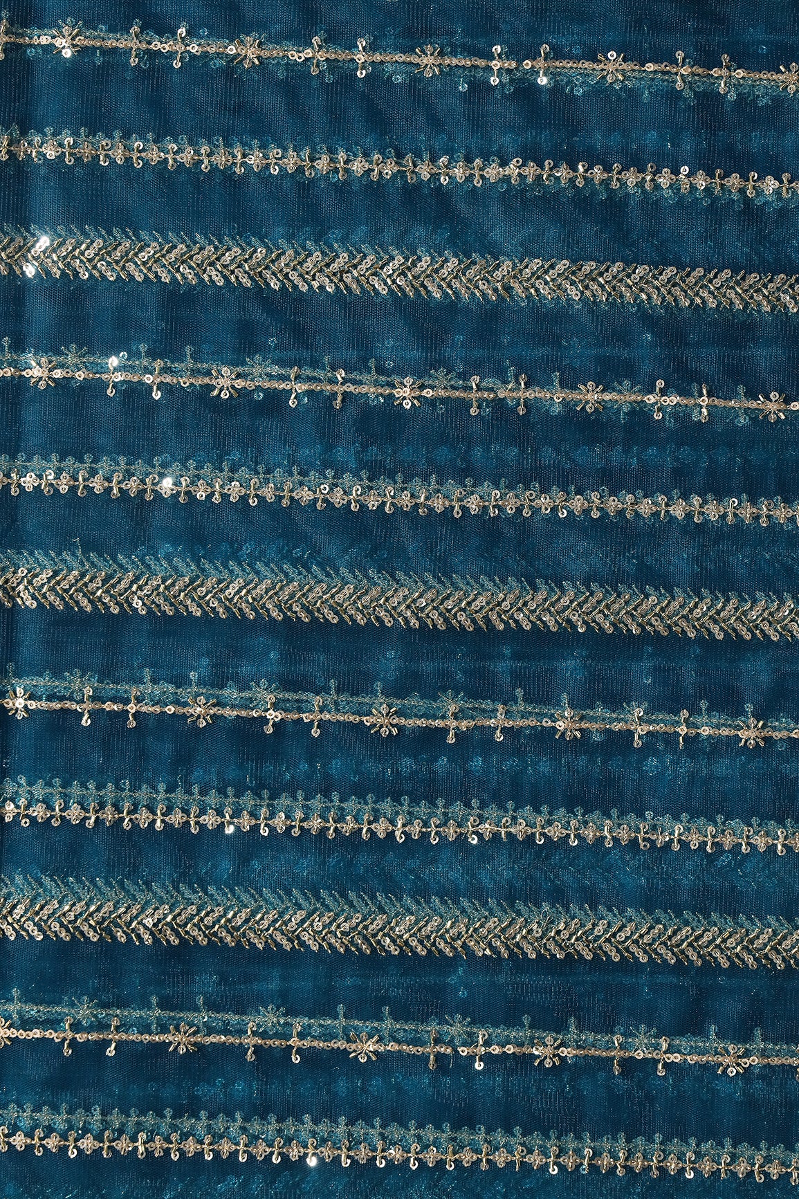 Gold Beads With Gold Sequins Beautiful Stripes Embroidery Work On Rama Soft Net Fabric