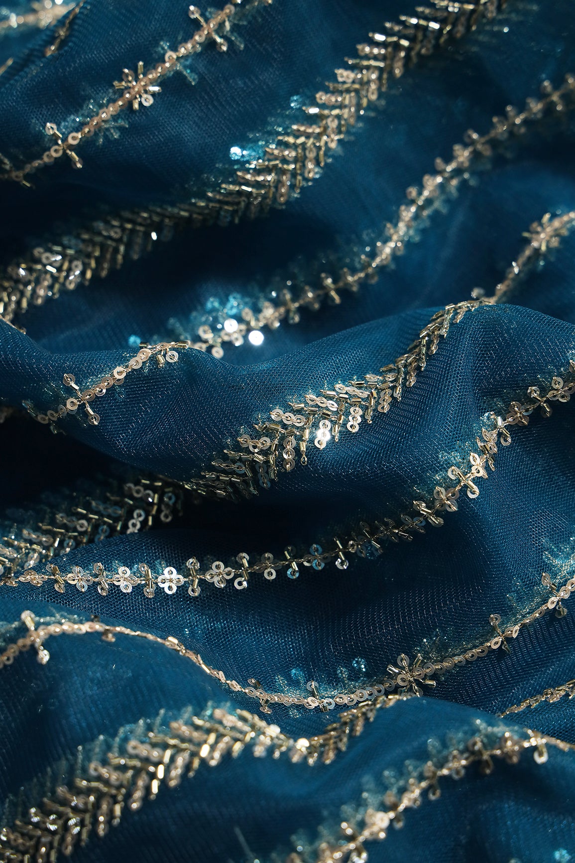 Gold Beads With Gold Sequins Beautiful Stripes Embroidery Work On Rama Soft Net Fabric