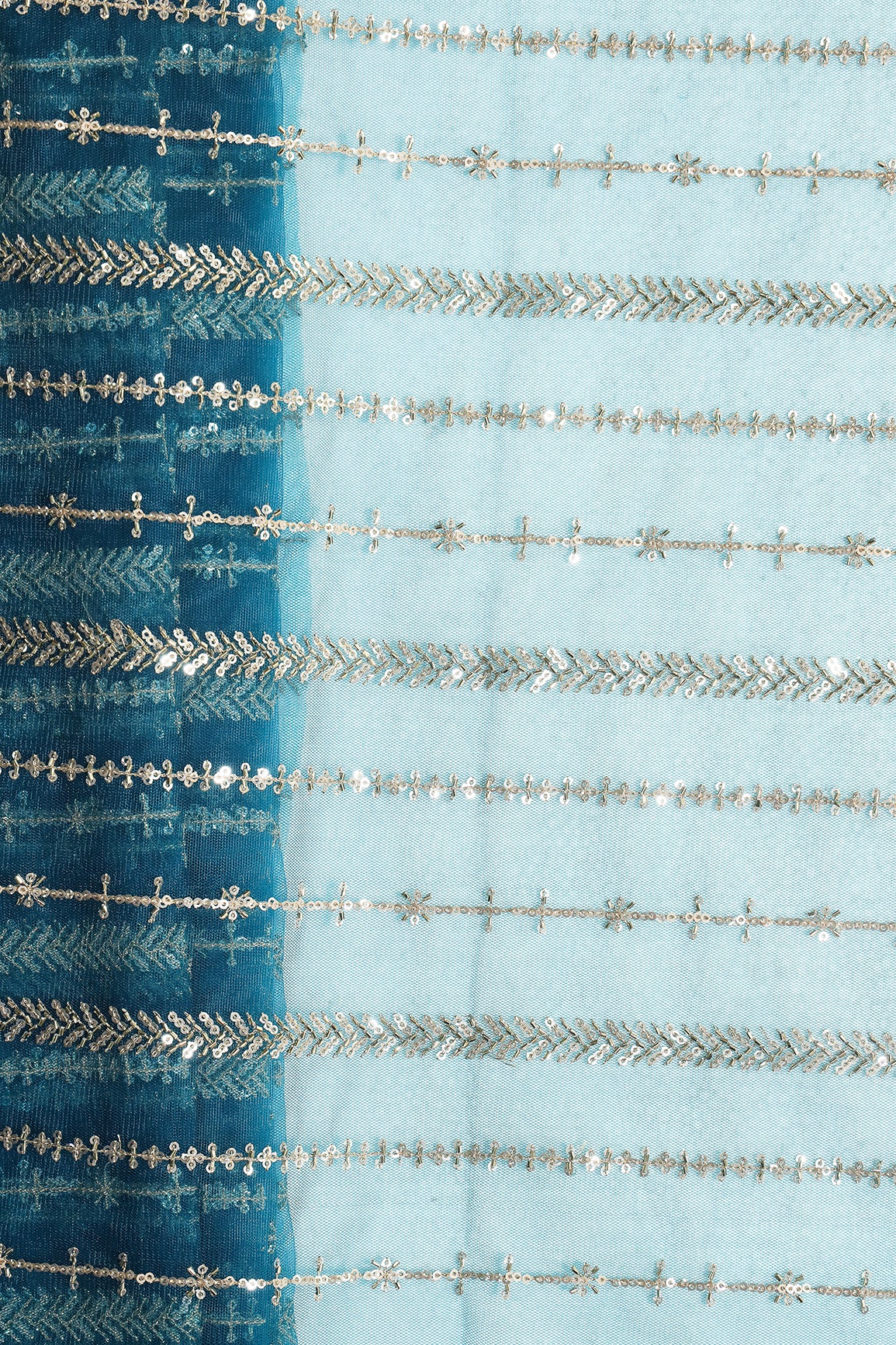 Gold Beads With Gold Sequins Beautiful Stripes Embroidery Work On Rama Soft Net Fabric