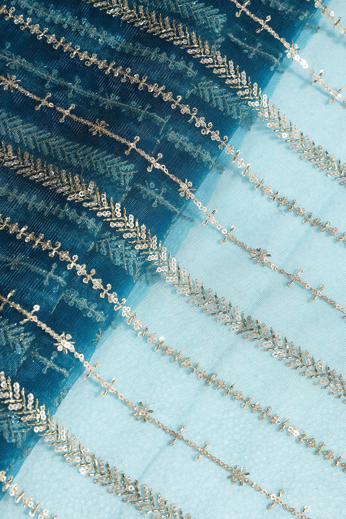 Gold Beads With Gold Sequins Beautiful Stripes Embroidery Work On Rama Soft Net Fabric