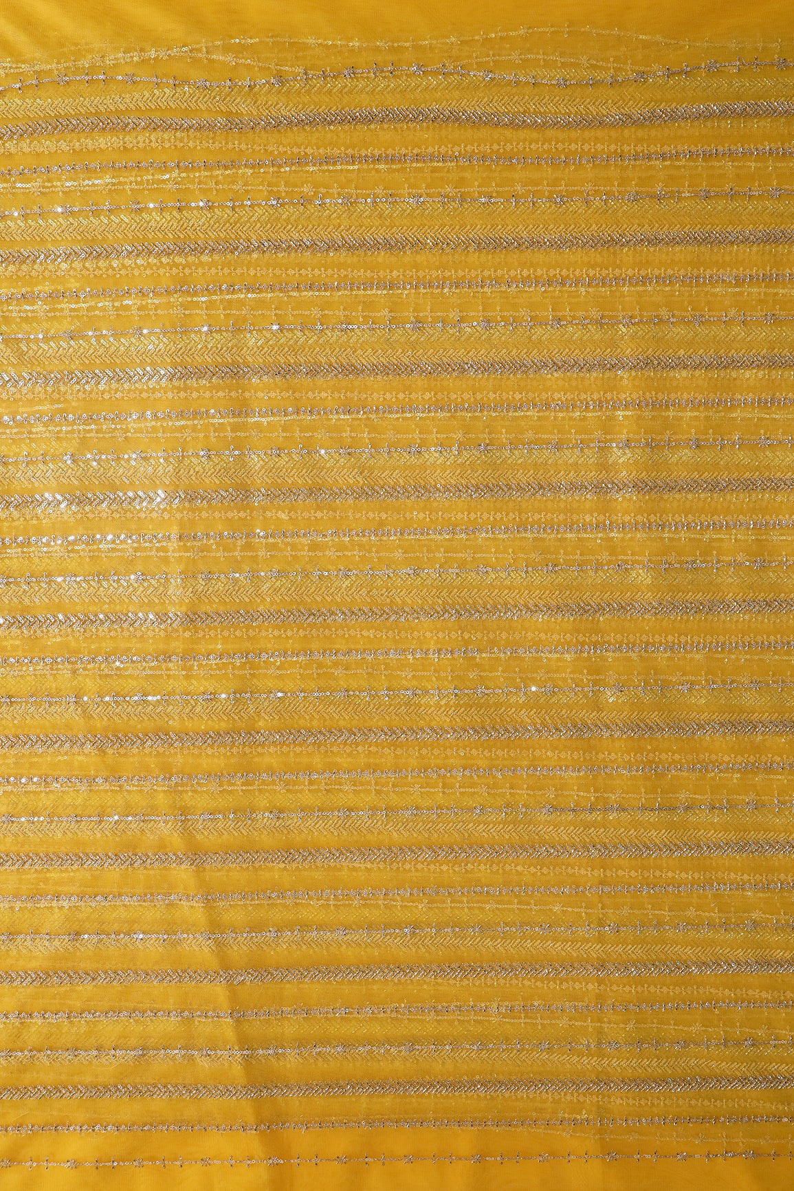 Gold Beads With Gold Sequins Beautiful Stripes Embroidery Work On Yellow Soft Net Fabric