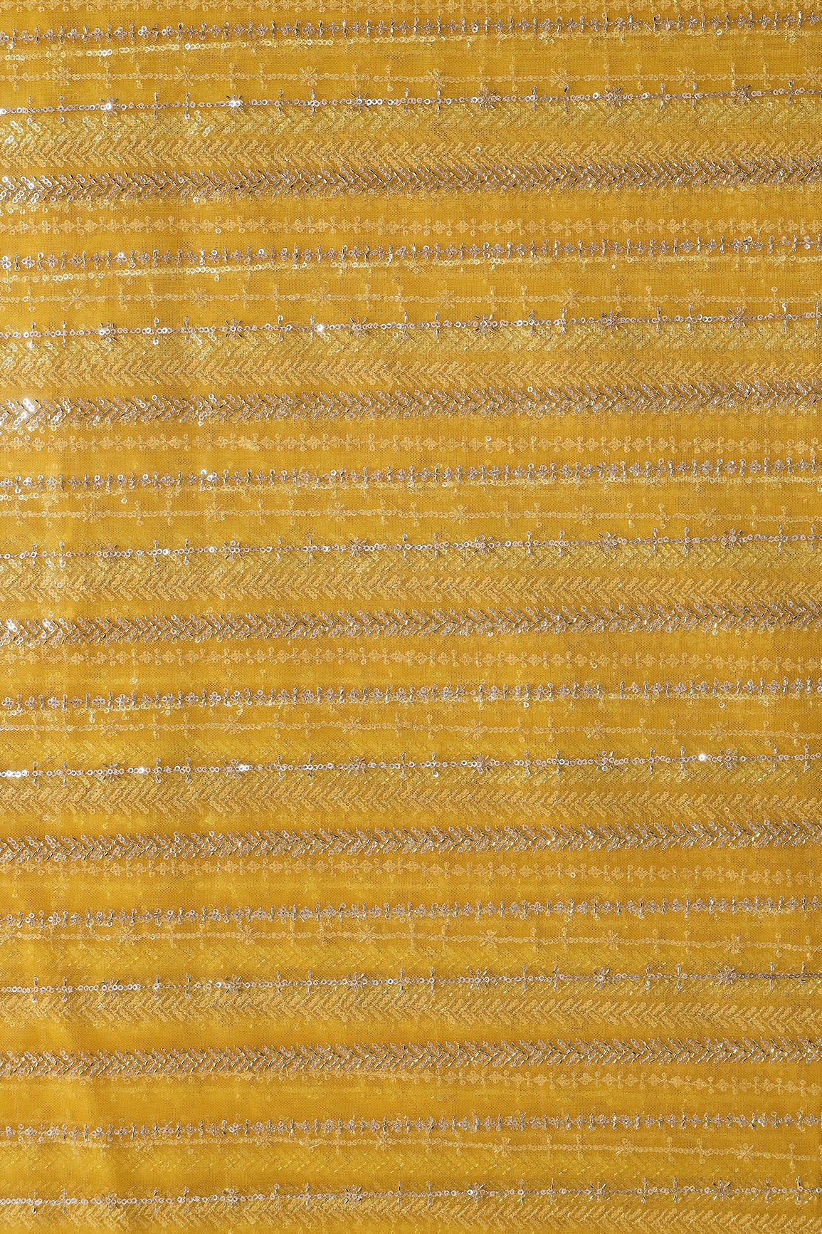 Gold Beads With Gold Sequins Beautiful Stripes Embroidery Work On Yellow Soft Net Fabric