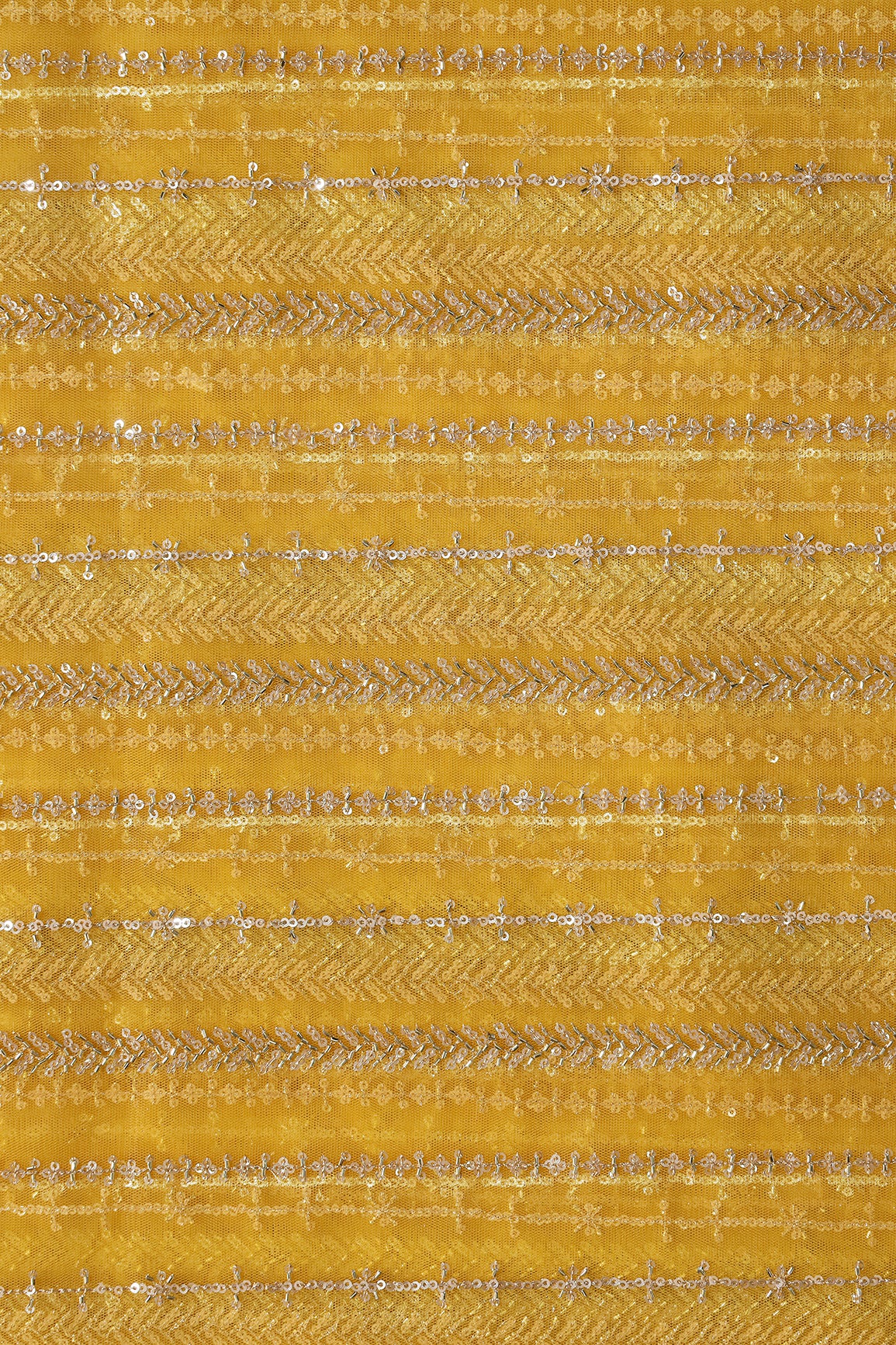 Gold Beads With Gold Sequins Beautiful Stripes Embroidery Work On Yellow Soft Net Fabric