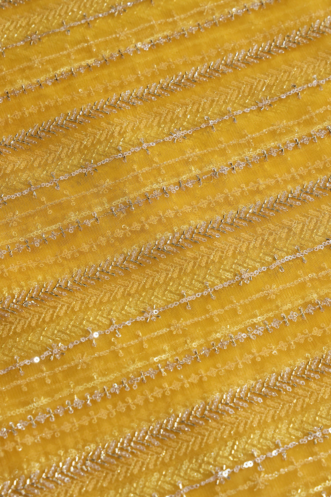 Gold Beads With Gold Sequins Beautiful Stripes Embroidery Work On Yellow Soft Net Fabric