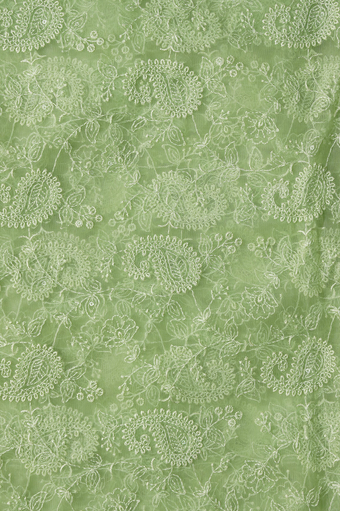 Parrot Green Thread With Water Sequins Floral Paisley Embroidery Work On Parrot Green Soft Net Fabric