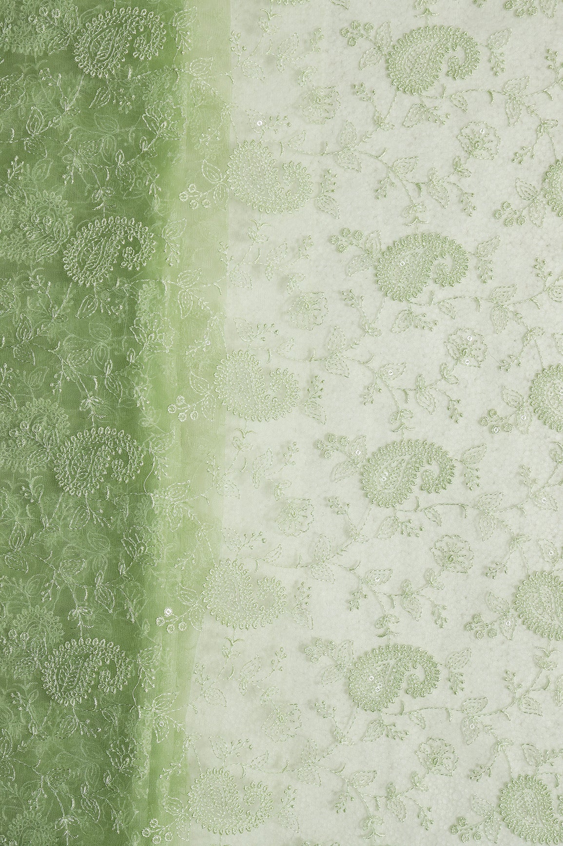 Parrot Green Thread With Water Sequins Floral Paisley Embroidery Work On Parrot Green Soft Net Fabric