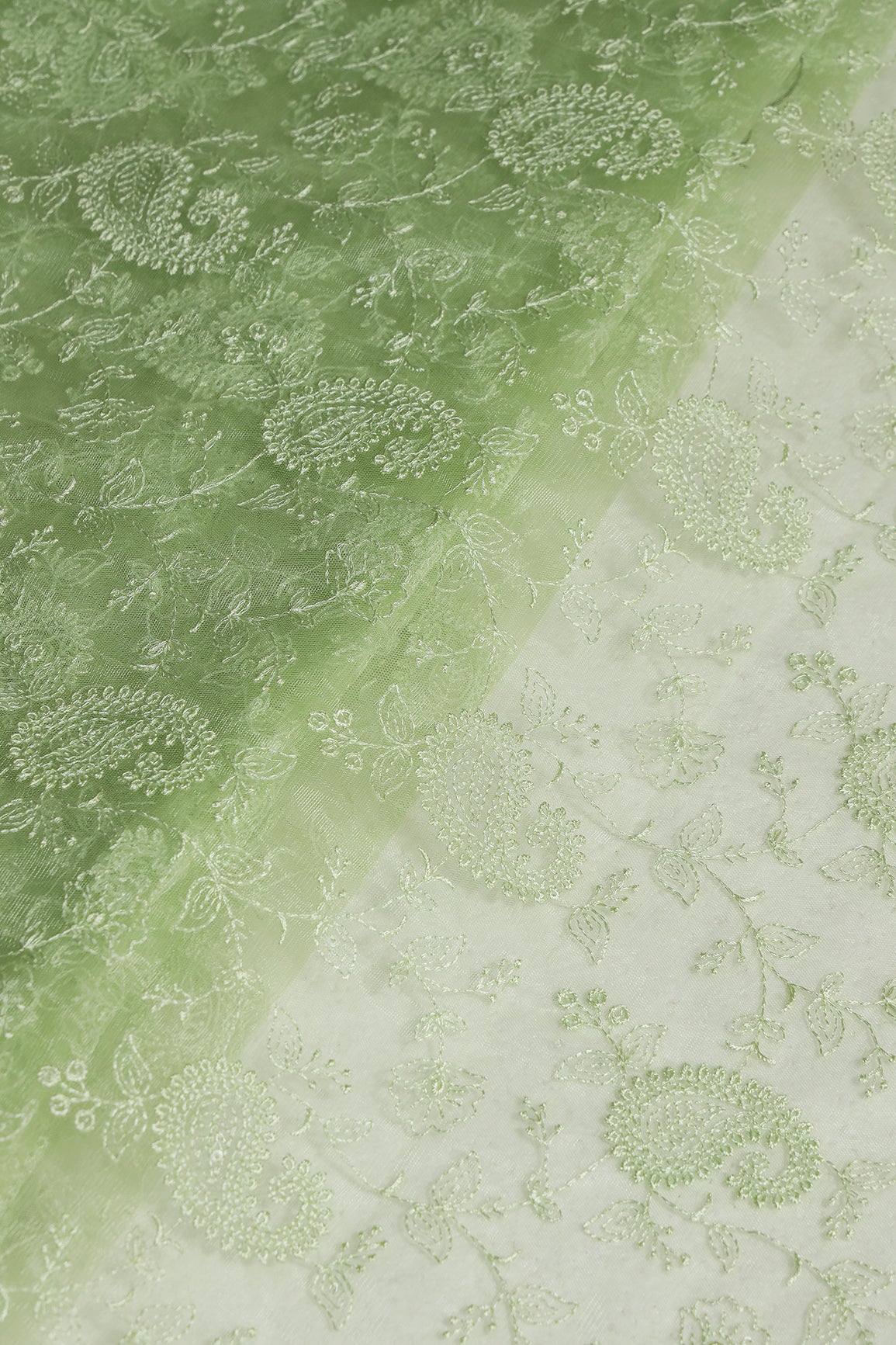 Parrot Green Thread With Water Sequins Floral Paisley Embroidery Work On Parrot Green Soft Net Fabric