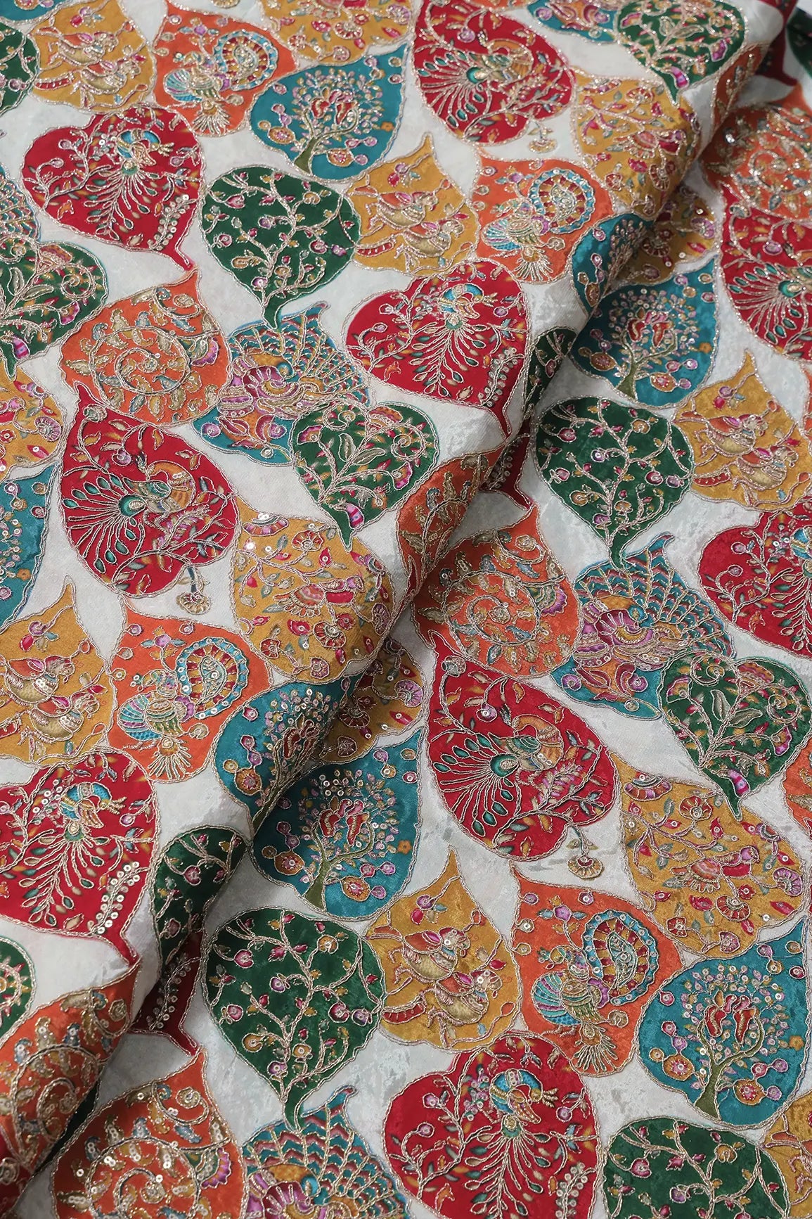 Positional Print with Zari And Sequins Heavy Embroidery Work On White Pure Crepe Fabric