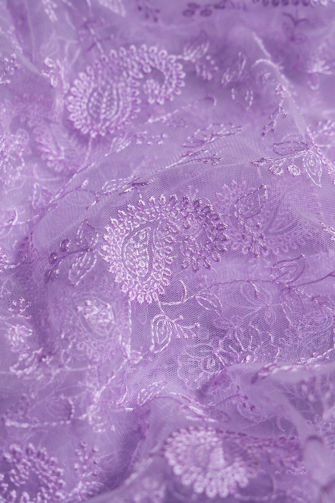 Lilac Thread With Water Sequins Floral Paisley Embroidery Work On Lilac Soft Net Fabric