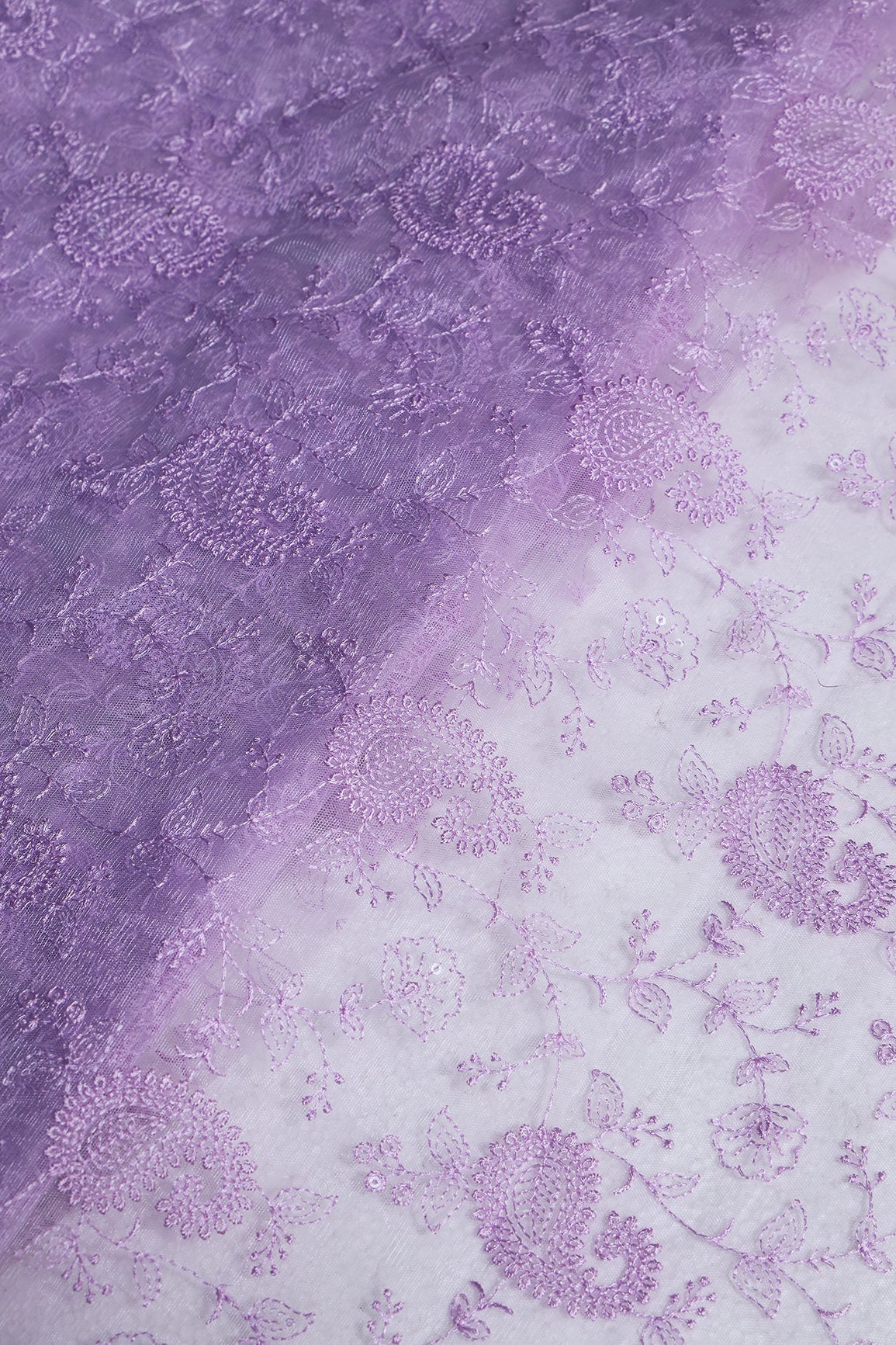 Lilac Thread With Water Sequins Floral Paisley Embroidery Work On Lilac Soft Net Fabric