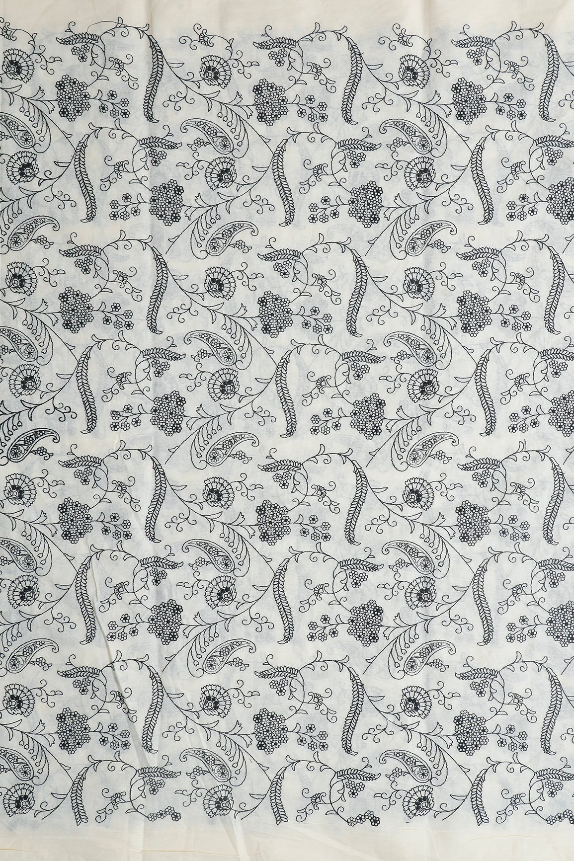 Beautiful Black Thread Floral Embroidery Work On Off White Pure Cotton Fabric