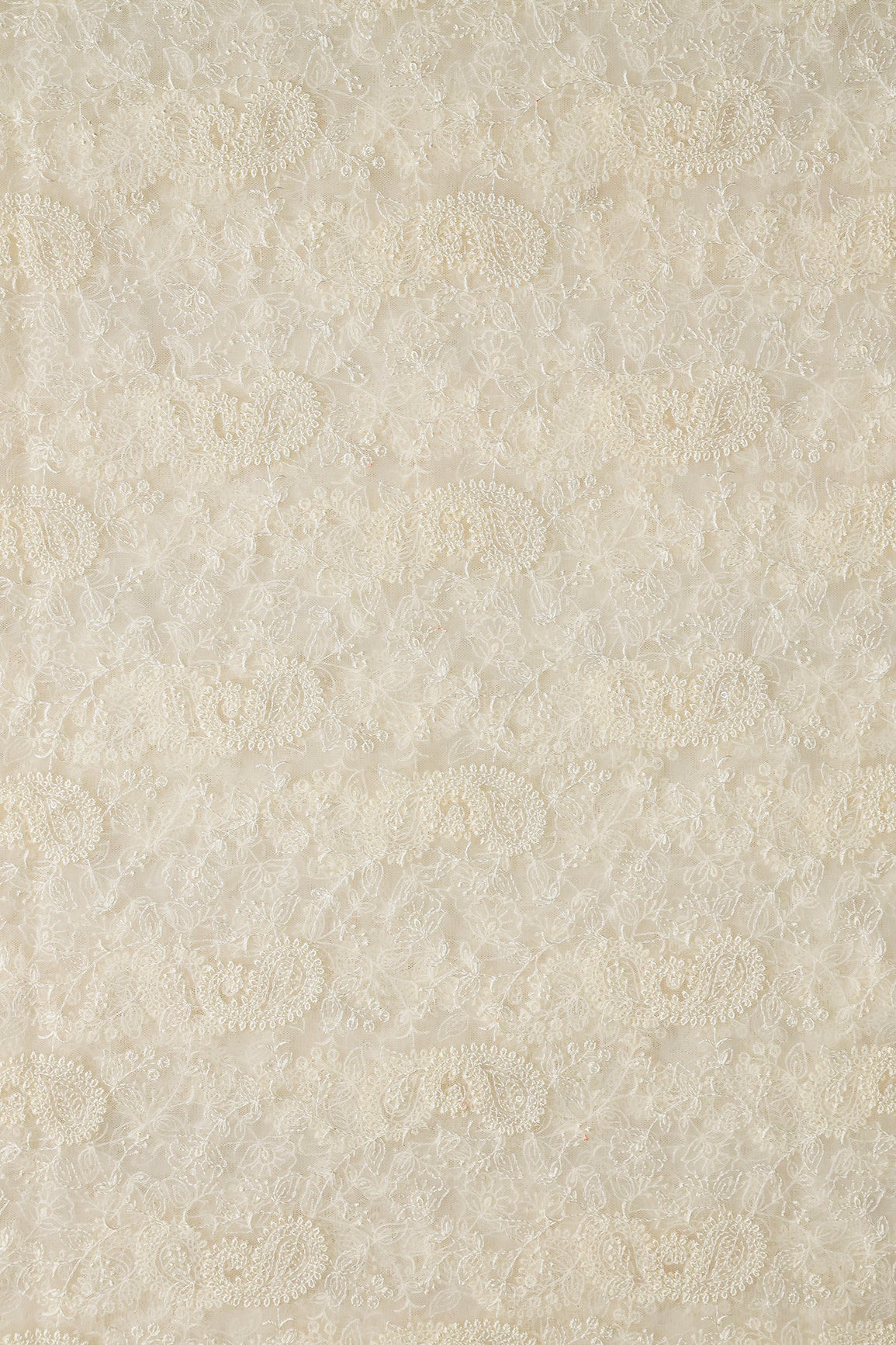 Cream Thread With Water Sequins Floral Paisley Embroidery Work On Cream Soft Net Fabric