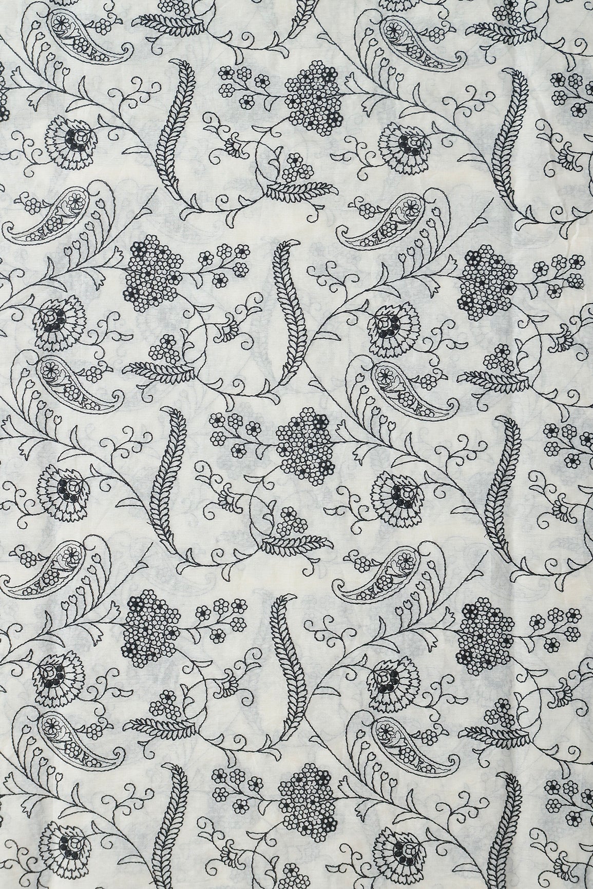Beautiful Black Thread Floral Embroidery Work On Off White Pure Cotton Fabric
