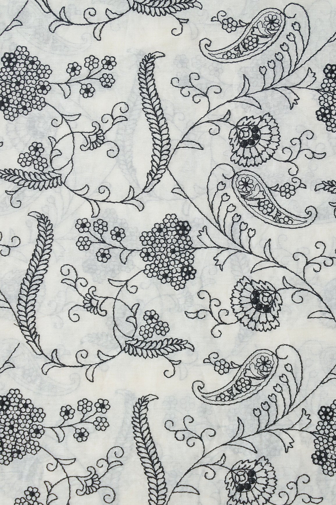 Beautiful Black Thread Floral Embroidery Work On Off White Pure Cotton Fabric