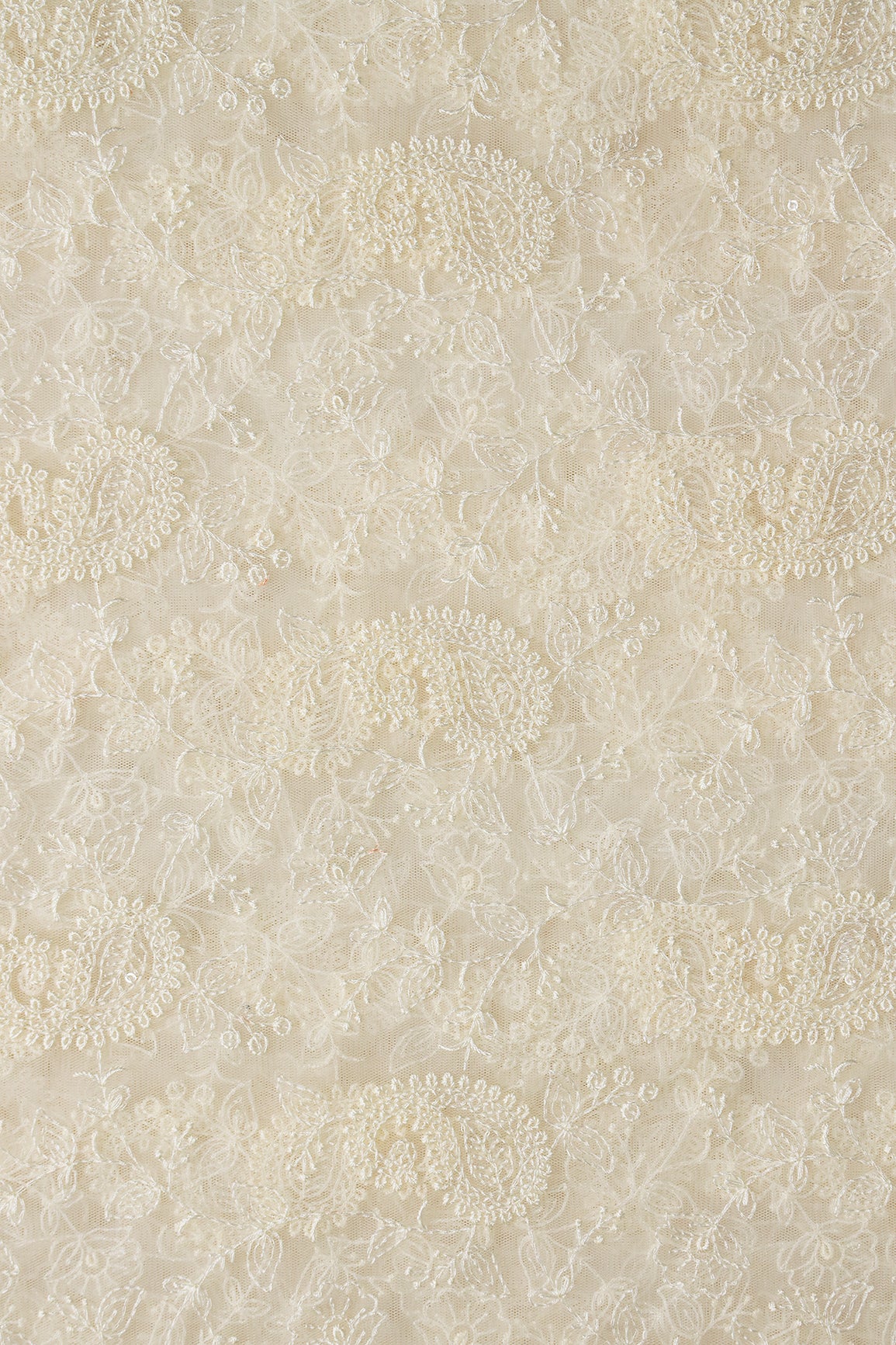 Cream Thread With Water Sequins Floral Paisley Embroidery Work On Cream Soft Net Fabric