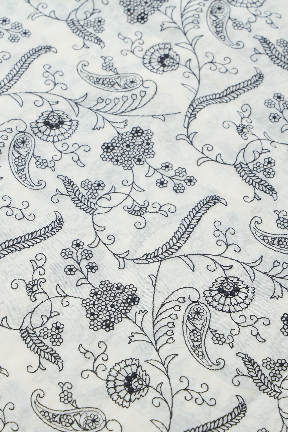 Beautiful Black Thread Floral Embroidery Work On Off White Pure Cotton Fabric